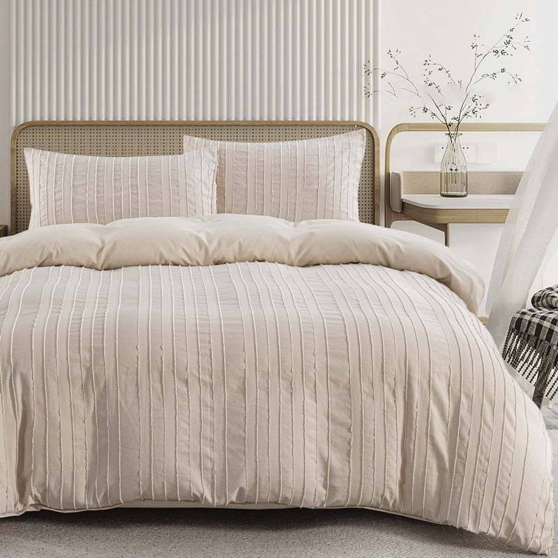 HERTALK 3pcs Bed Cover Set for Queen\u002FKing (1 Cover + 2 Pillowcases) - Beige Vertical-Textured Bedding Perfect for Minimalist Bedroom Enthusiasts, Easy to Maintain & Fade-Resistant Fabrics Suitable for Adults