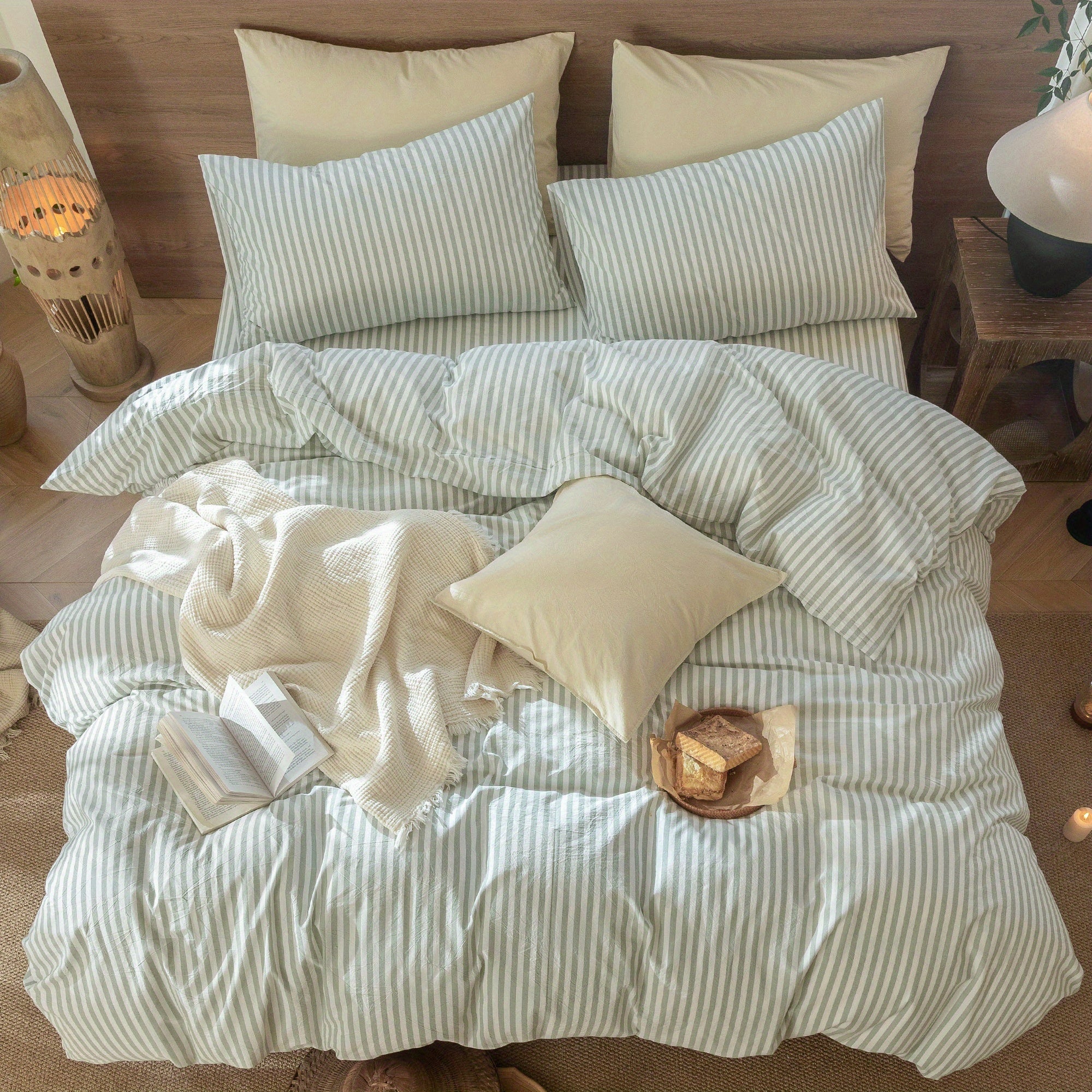 MooMee Striped Duvet Cover Set 100% Washed Cotton Like Textured Breathable Durable Soft Comfy