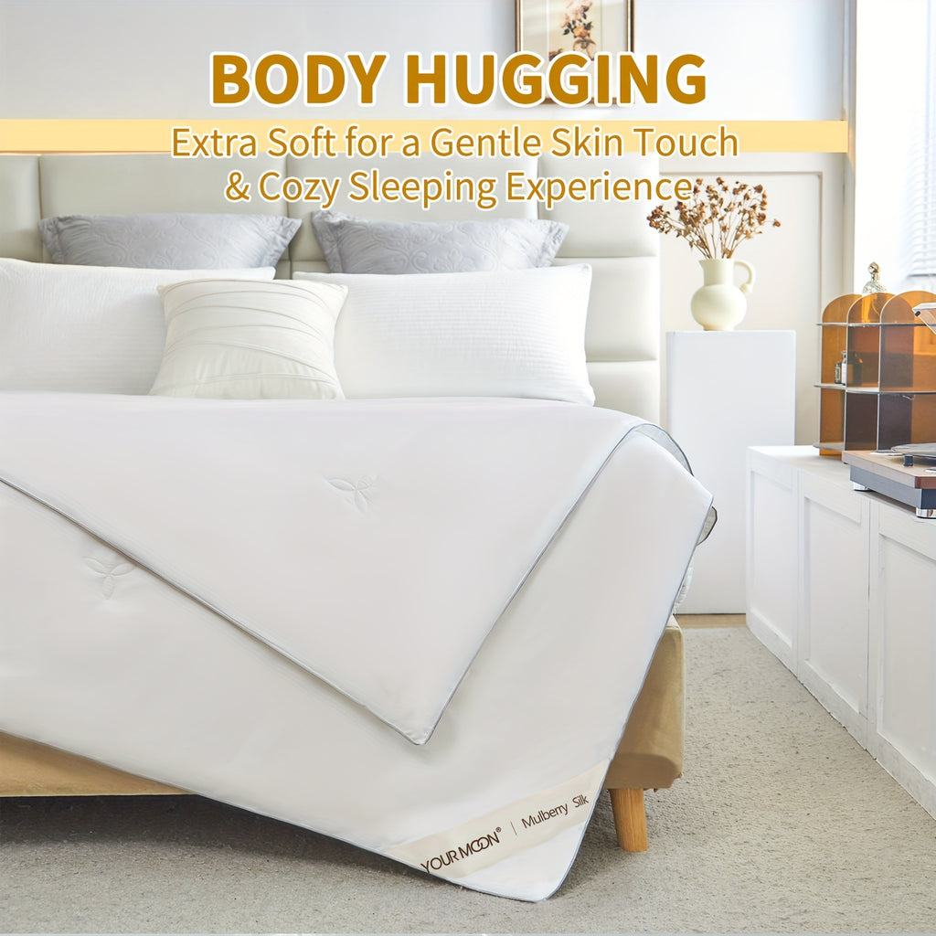 Pure Mulberry Silk Comforter for All Season, Luxury Bedding, Noiseless Egyptian Cotton Shell, Long Strand Silk Fill Duvet(White)