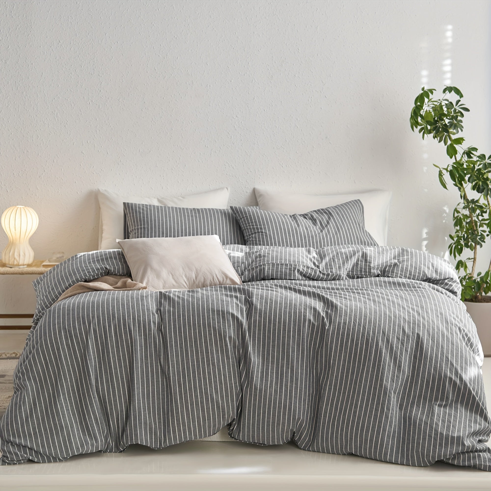 MooMee Striped Duvet Cover Set 100% Washed Cotton Like Textured Breathable Durable Soft Comfy
