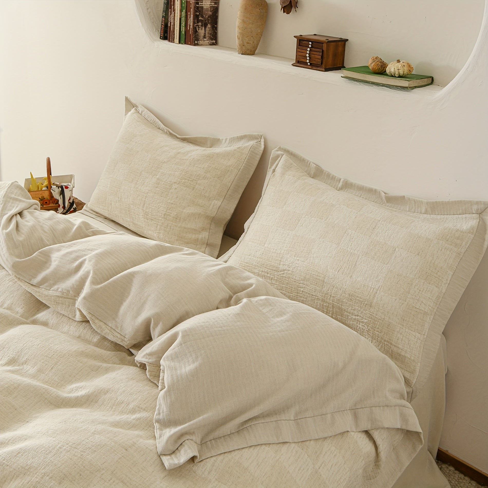 Plaid Jacquard Duvet Cover Cotton Linen Abstract Checkered Duvet Cover Double Yarn 3pcs Set 1 Farmhouse Textured Duvet Cover With Zipper Ties 2 Pillow Shams Rustic Decorative Hemmed Bedding Set Soft