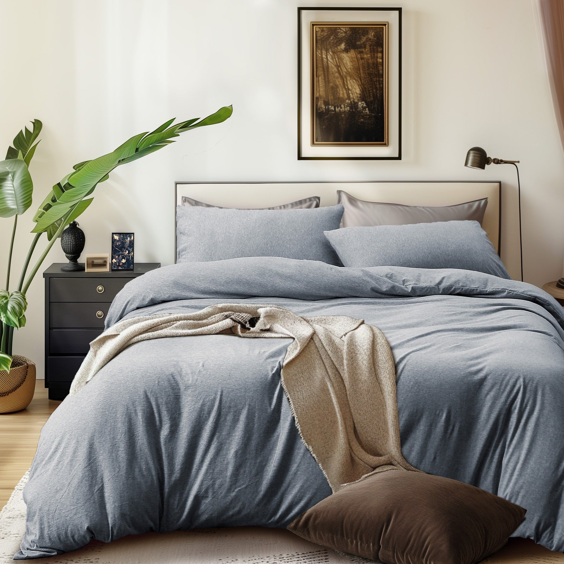 3-Piece Jersey Knit Duvet Cover Set ( 1*Duvet Cover + 1\u002F2*Pillowcases, Without Core) - 100% T-Shirt Cotton, Ultra-Soft,Luxury Zipper Duvet Cover Set, Machine Washable, Breathable, For Bedroom, Guest Room (T\u002FF\u002FQ\u002FK\u002FCK)