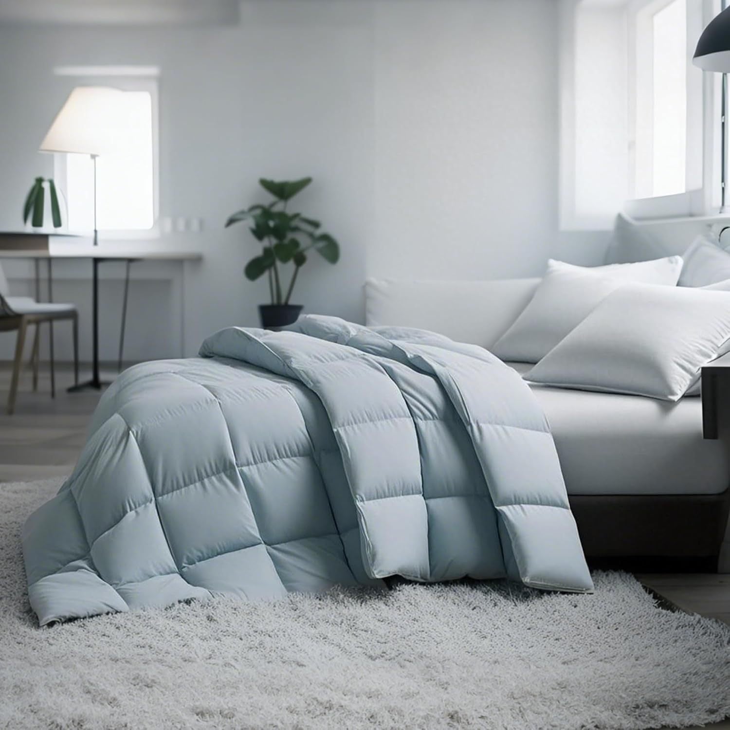 Hotel Grand Feather Down Comforter Queen\u002FKing Size, Corner Tabs, 240 Thread Count, Super Soft 100% Cotton Cover Down Duvet Insert Light Blue Color