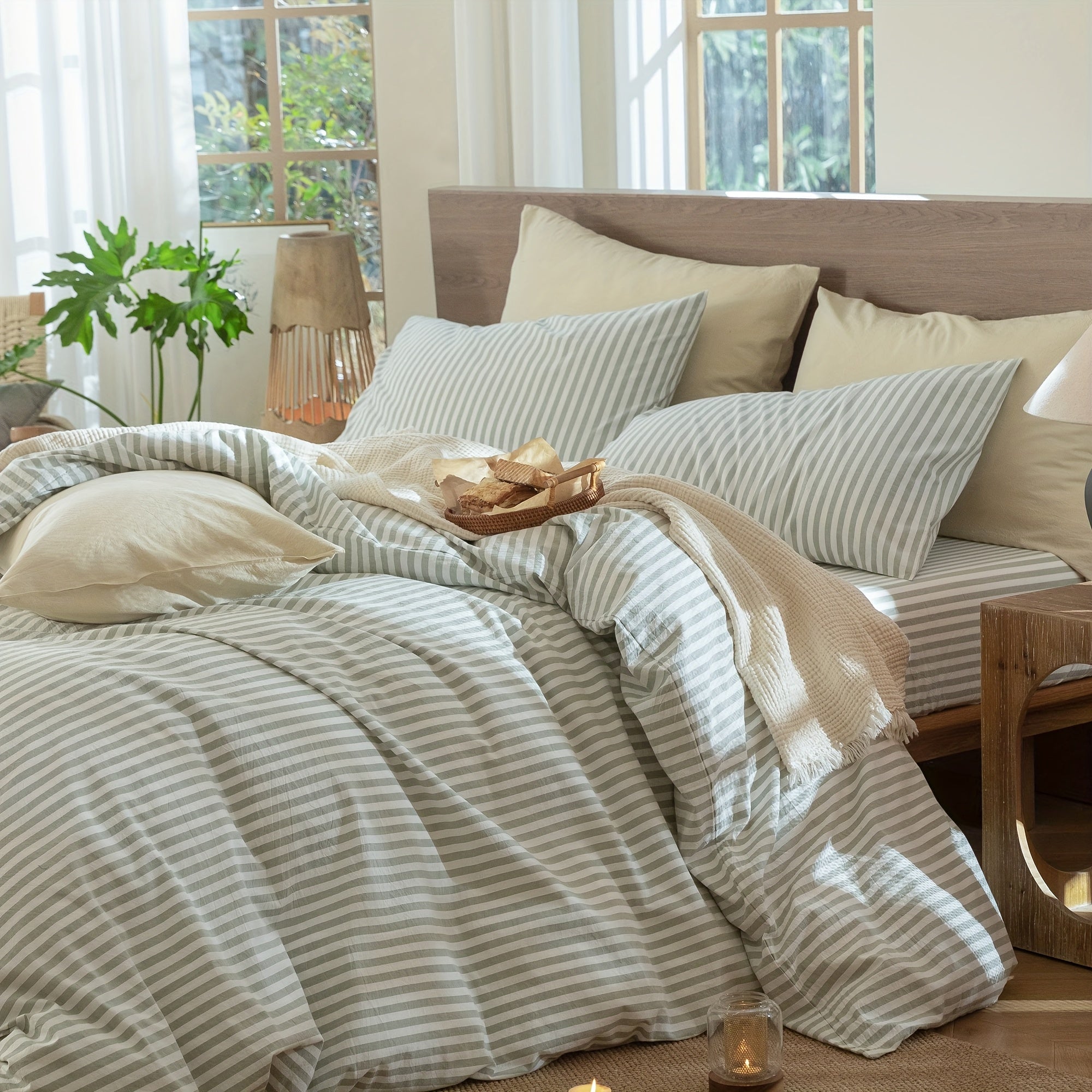 MooMee Striped Duvet Cover Set 100% Washed Cotton Like Textured Breathable Durable Soft Comfy