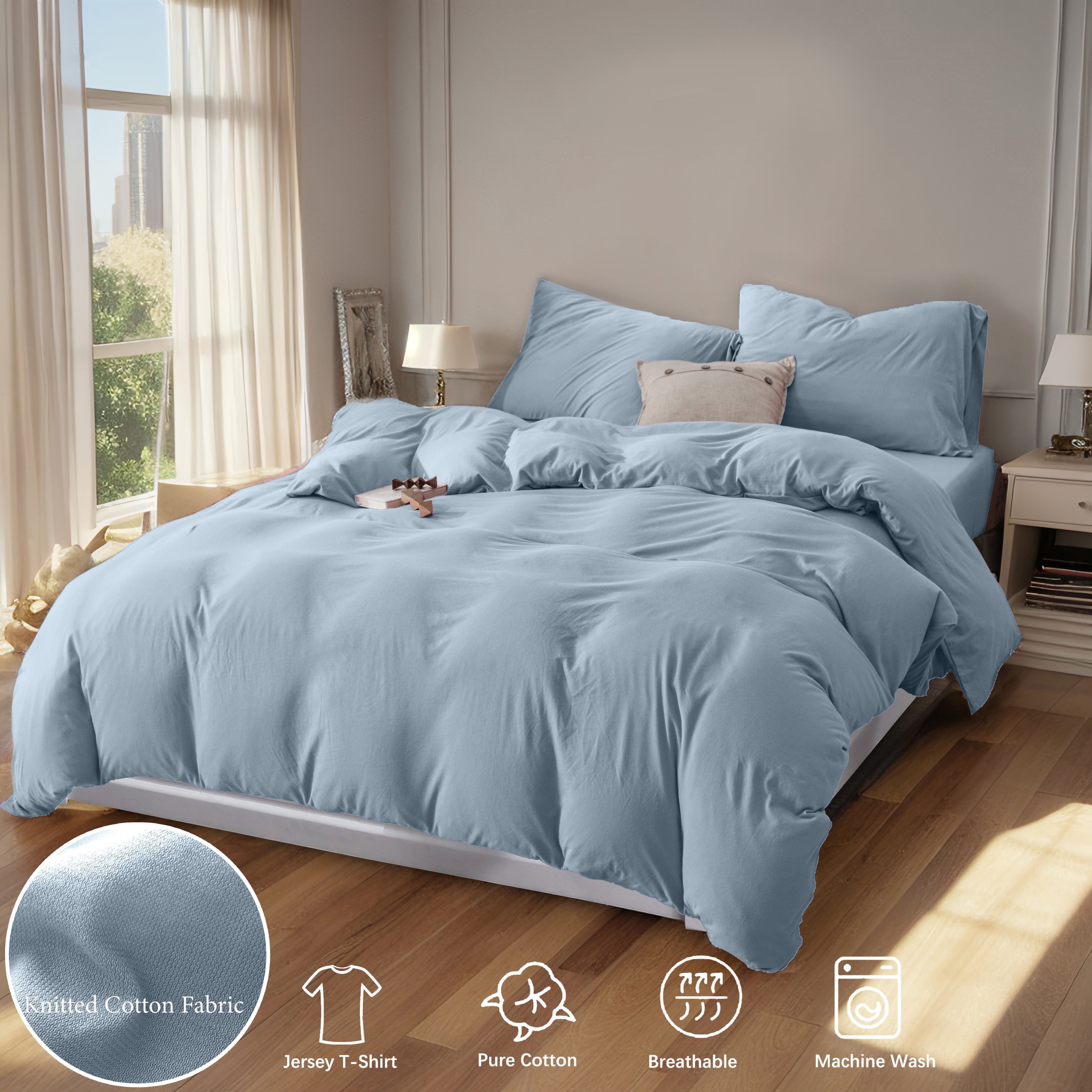 3-Piece Jersey Knit Duvet Cover Set ( 1*Duvet Cover + 1\u002F2*Pillowcases, Without Core) - 100% T-Shirt Cotton, Ultra-Soft,Luxury Zipper Duvet Cover Set, Machine Washable, Breathable, For Bedroom, Guest Room (T\u002FF\u002FQ\u002FK\u002FCK)