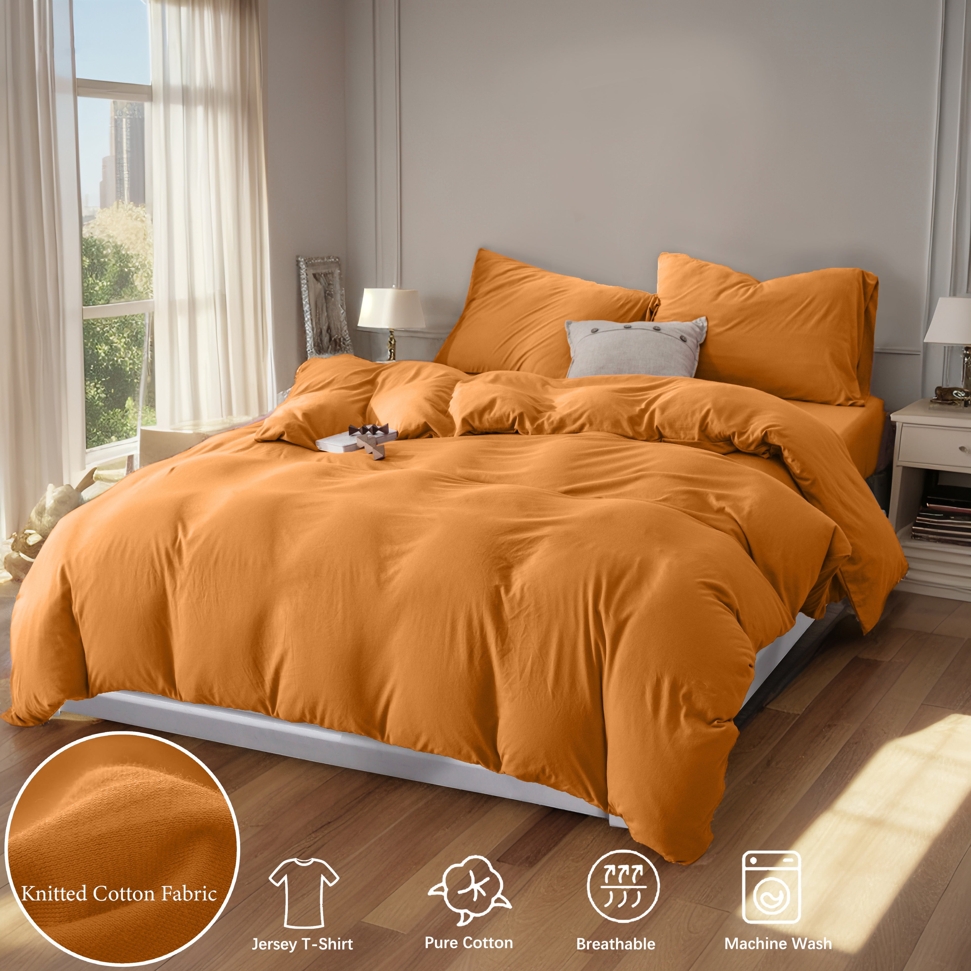 3-Piece Jersey Knit Duvet Cover Set ( 1*Duvet Cover + 1\u002F2*Pillowcases, Without Core) - 100% T-Shirt Cotton, Ultra-Soft,Luxury Zipper Duvet Cover Set, Machine Washable, Breathable, For Bedroom, Guest Room (T\u002FF\u002FQ\u002FK\u002FCK)