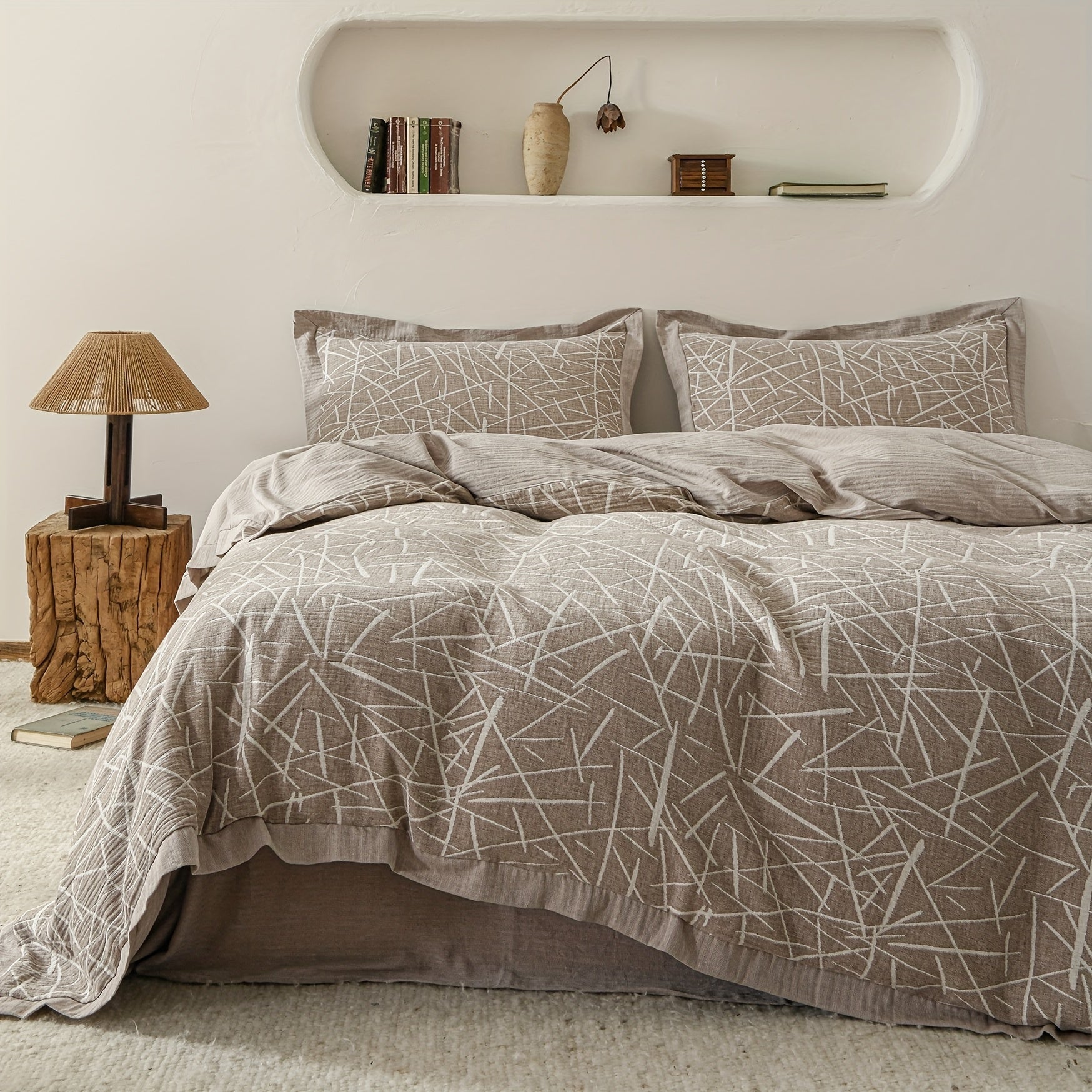 Stripe Jacquard Duvet Cover Cotton Linen Abstract Striped Duvet Cover Double Yarn 3pcs Set 1 Farmhouse Textured Duvet Cover with Zipper Ties 2 Pillow Shams Rustic Decorative Hemmed Bedding Set Soft