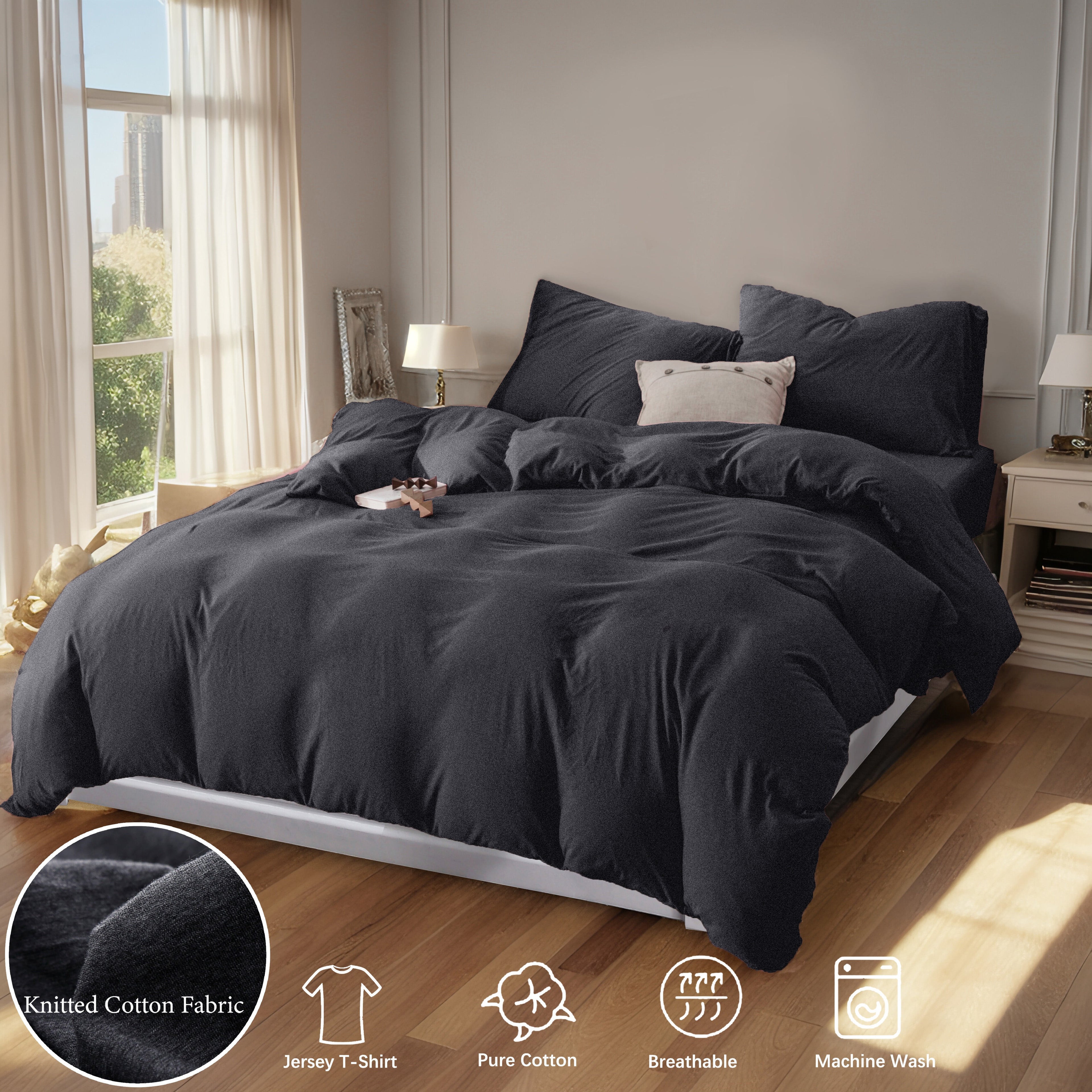 3-Piece Jersey Knit Duvet Cover Set ( 1*Duvet Cover + 1\u002F2*Pillowcases, Without Core) - 100% T-Shirt Cotton, Ultra-Soft,Luxury Zipper Duvet Cover Set, Machine Washable, Breathable, For Bedroom, Guest Room (T\u002FF\u002FQ\u002FK\u002FCK)