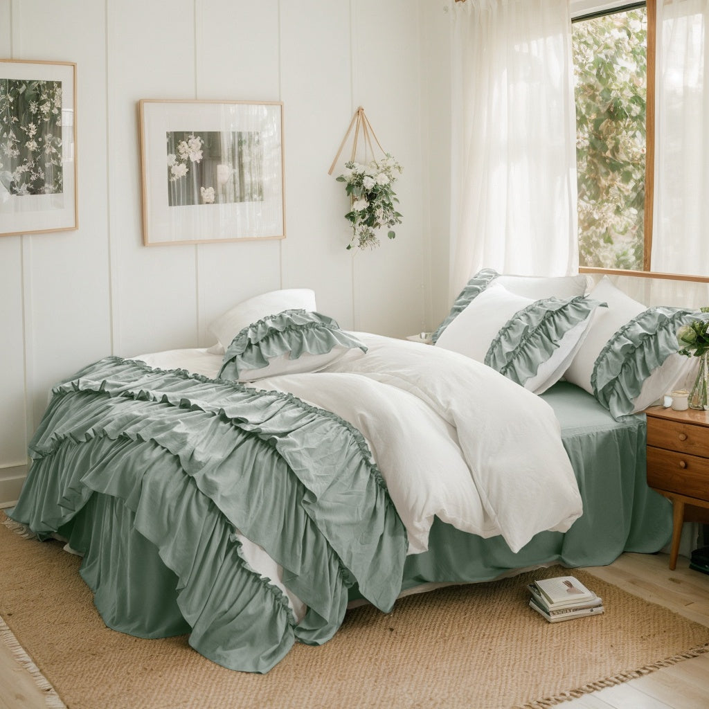 US Queen\u002F King Size - 3pcs Ruffled Duvet Cover Set - Soft & Cozy Bedding - Perfect Halloween Decor Or Christmas Gift.