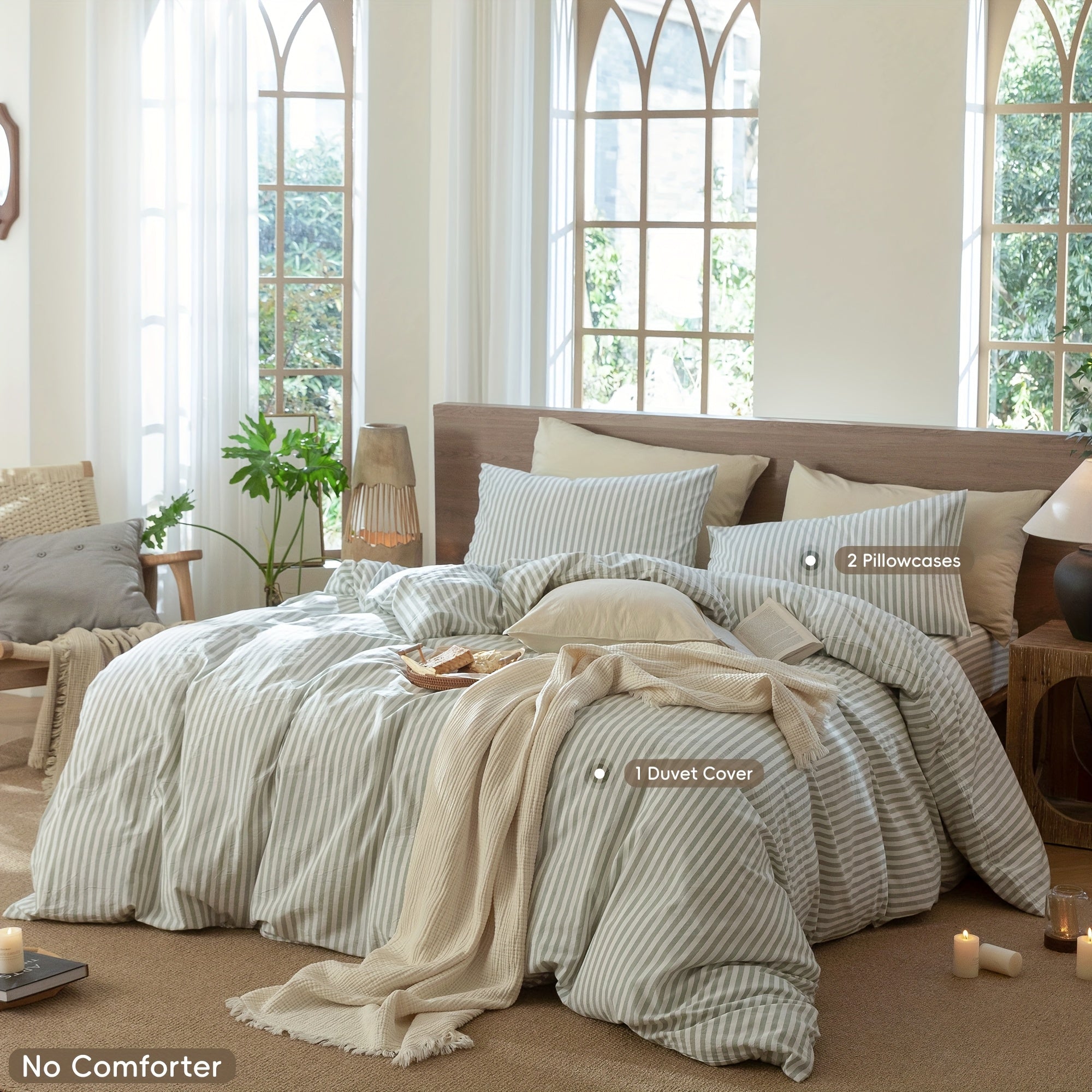 MooMee Striped Duvet Cover Set 100% Washed Cotton Like Textured Breathable Durable Soft Comfy