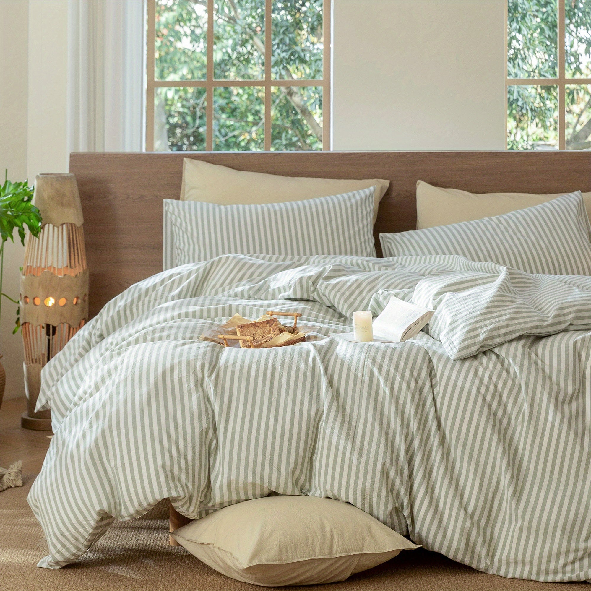 MooMee Striped Duvet Cover Set 100% Washed Cotton Like Textured Breathable Durable Soft Comfy