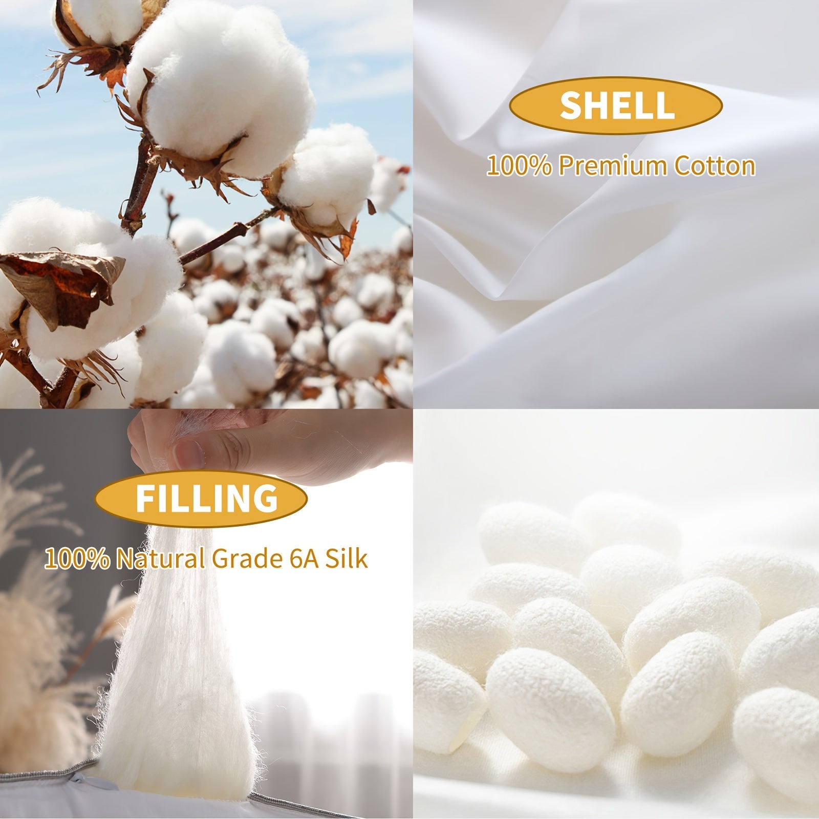 Pure Mulberry Silk Comforter for All Season, Luxury Bedding, Noiseless Egyptian Cotton Shell, Long Strand Silk Fill Duvet(White)