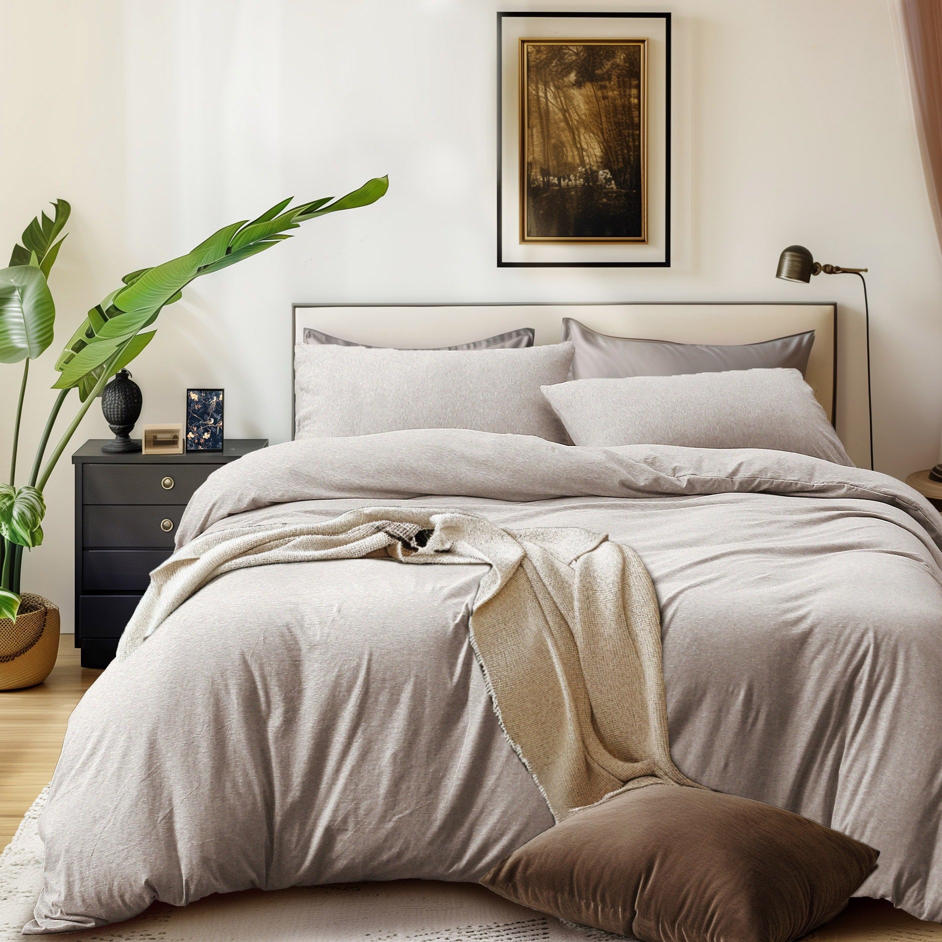 3-Piece Jersey Knit Duvet Cover Set ( 1*Duvet Cover + 1\u002F2*Pillowcases, Without Core) - 100% T-Shirt Cotton, Ultra-Soft,Luxury Zipper Duvet Cover Set, Machine Washable, Breathable, For Bedroom, Guest Room (T\u002FF\u002FQ\u002FK\u002FCK)
