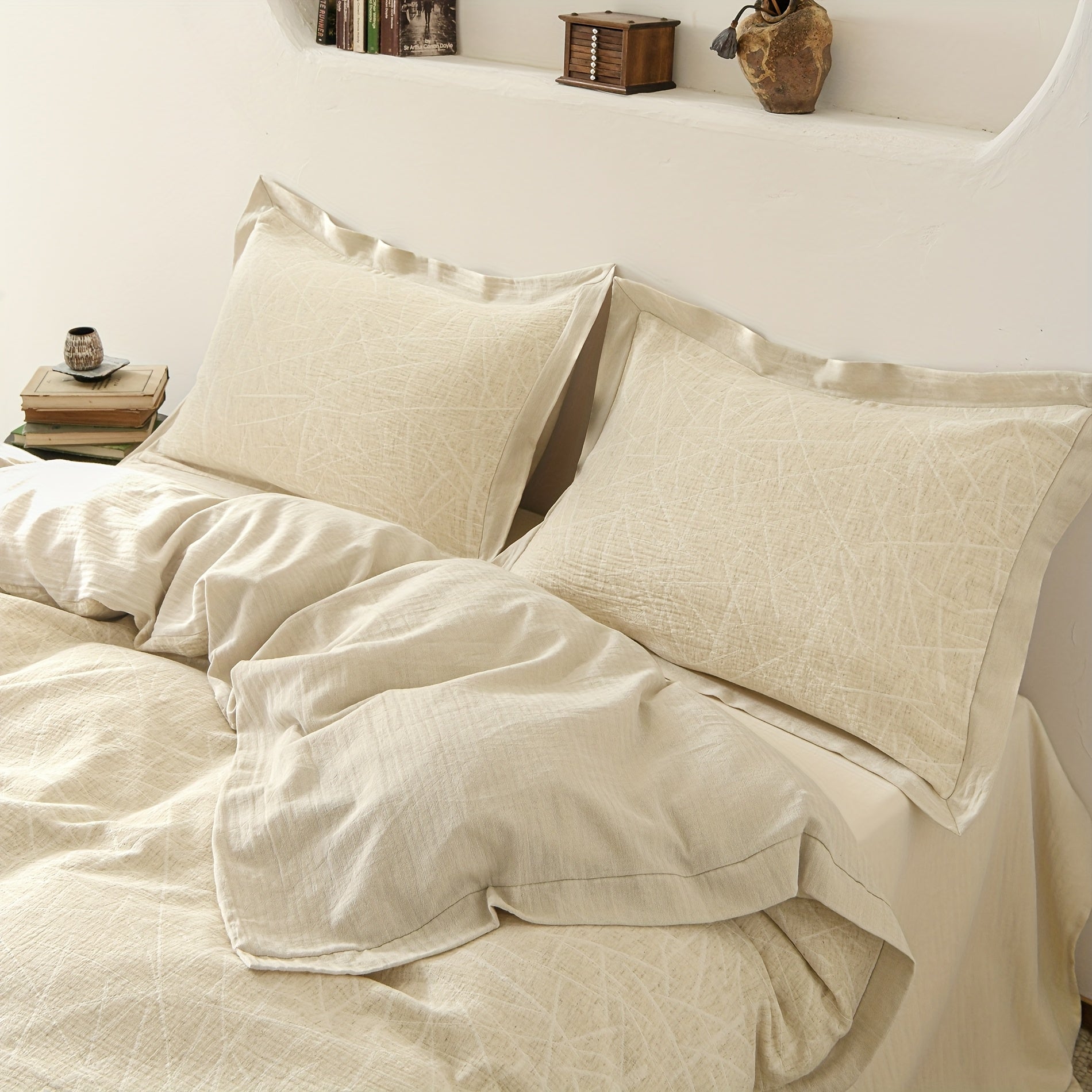 Stripe Jacquard Duvet Cover Cotton Linen Abstract Striped Duvet Cover Double Yarn 3pcs Set 1 Farmhouse Textured Duvet Cover with Zipper Ties 2 Pillow Shams Rustic Decorative Hemmed Bedding Set Soft