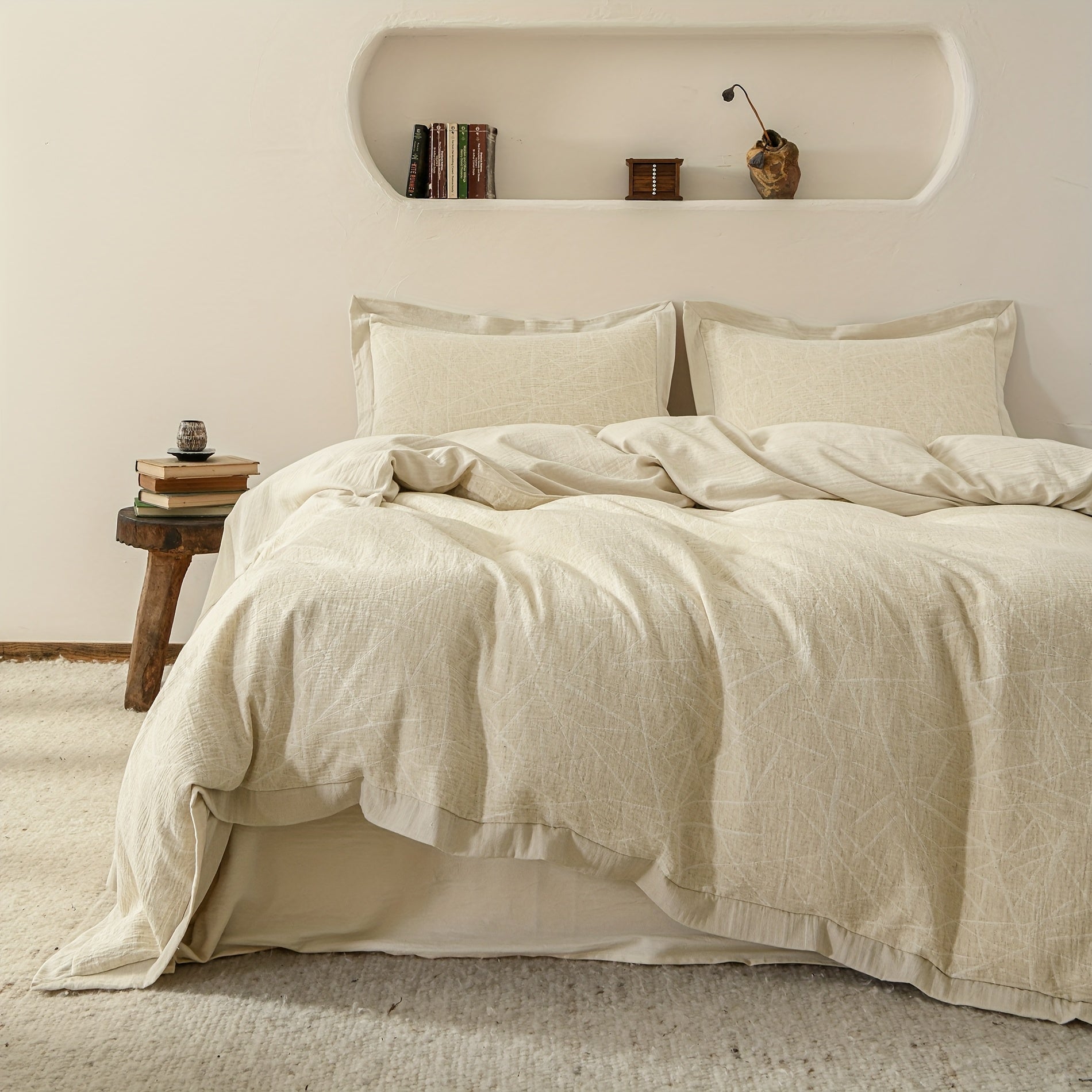 Stripe Jacquard Duvet Cover Cotton Linen Abstract Striped Duvet Cover Double Yarn 3pcs Set 1 Farmhouse Textured Duvet Cover with Zipper Ties 2 Pillow Shams Rustic Decorative Hemmed Bedding Set Soft