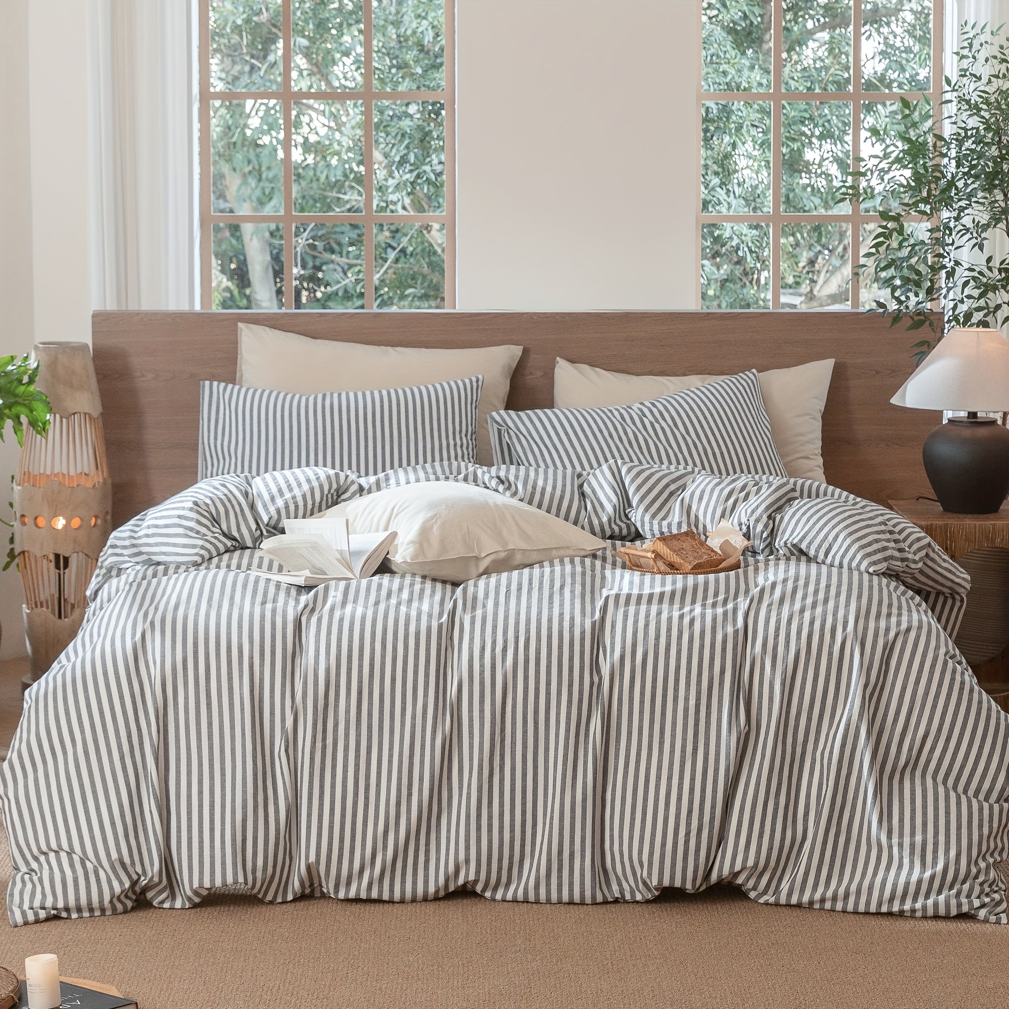 MooMee Striped Duvet Cover Set 100% Washed Cotton Like Textured Breathable Durable Soft Comfy