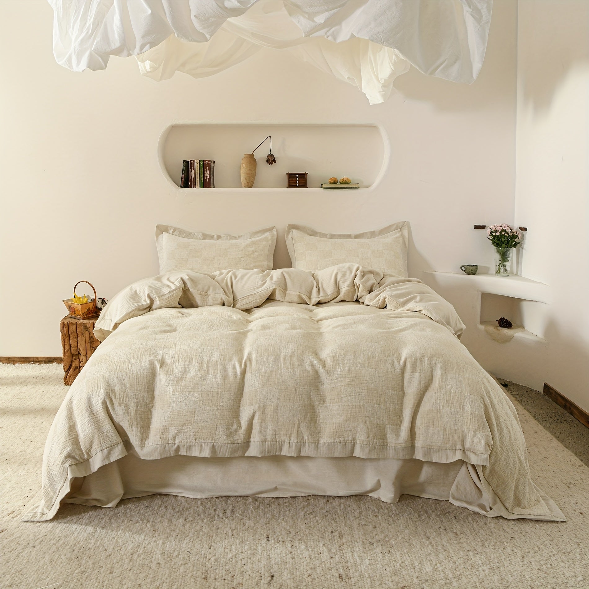 Plaid Jacquard Duvet Cover Cotton Linen Abstract Checkered Duvet Cover Double Yarn 3pcs Set 1 Farmhouse Textured Duvet Cover With Zipper Ties 2 Pillow Shams Rustic Decorative Hemmed Bedding Set Soft