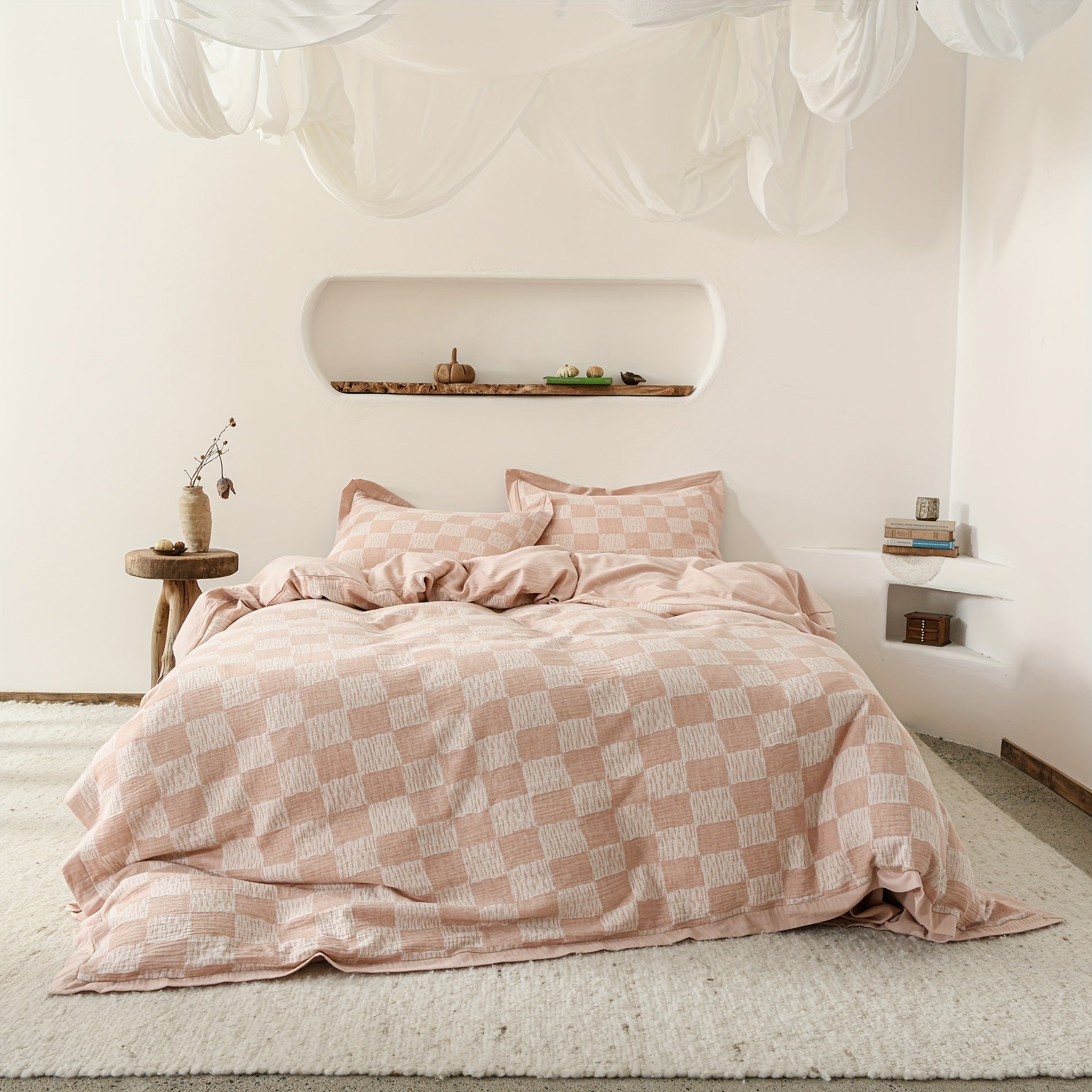 Plaid Jacquard Duvet Cover Cotton Linen Abstract Checkered Duvet Cover Double Yarn 3pcs Set 1 Farmhouse Textured Duvet Cover With Zipper Ties 2 Pillow Shams Rustic Decorative Hemmed Bedding Set Soft