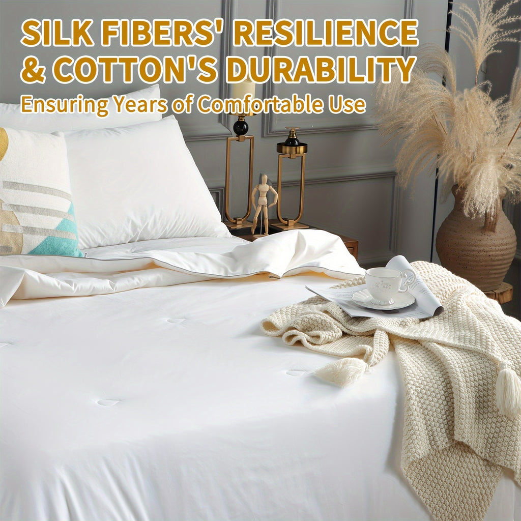 Pure Mulberry Silk Comforter for All Season, Luxury Bedding, Noiseless Egyptian Cotton Shell, Long Strand Silk Fill Duvet(White)