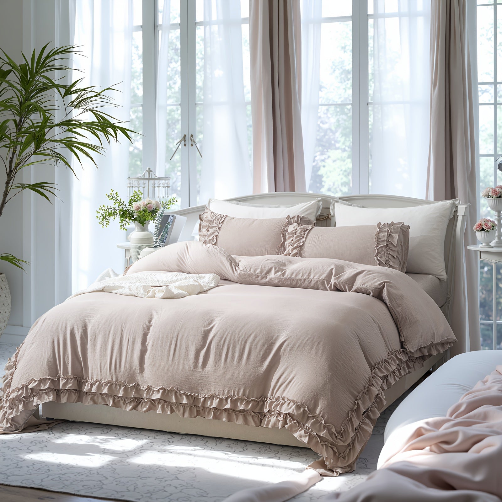 Ruffle Fringe Duvet Cover Queen Aesthetic Bedding Set Lace Ruffled Bedroom Decor Shabby Chic Comforter Cover Super Soft Breathable Cozy All Season Bedding Sets