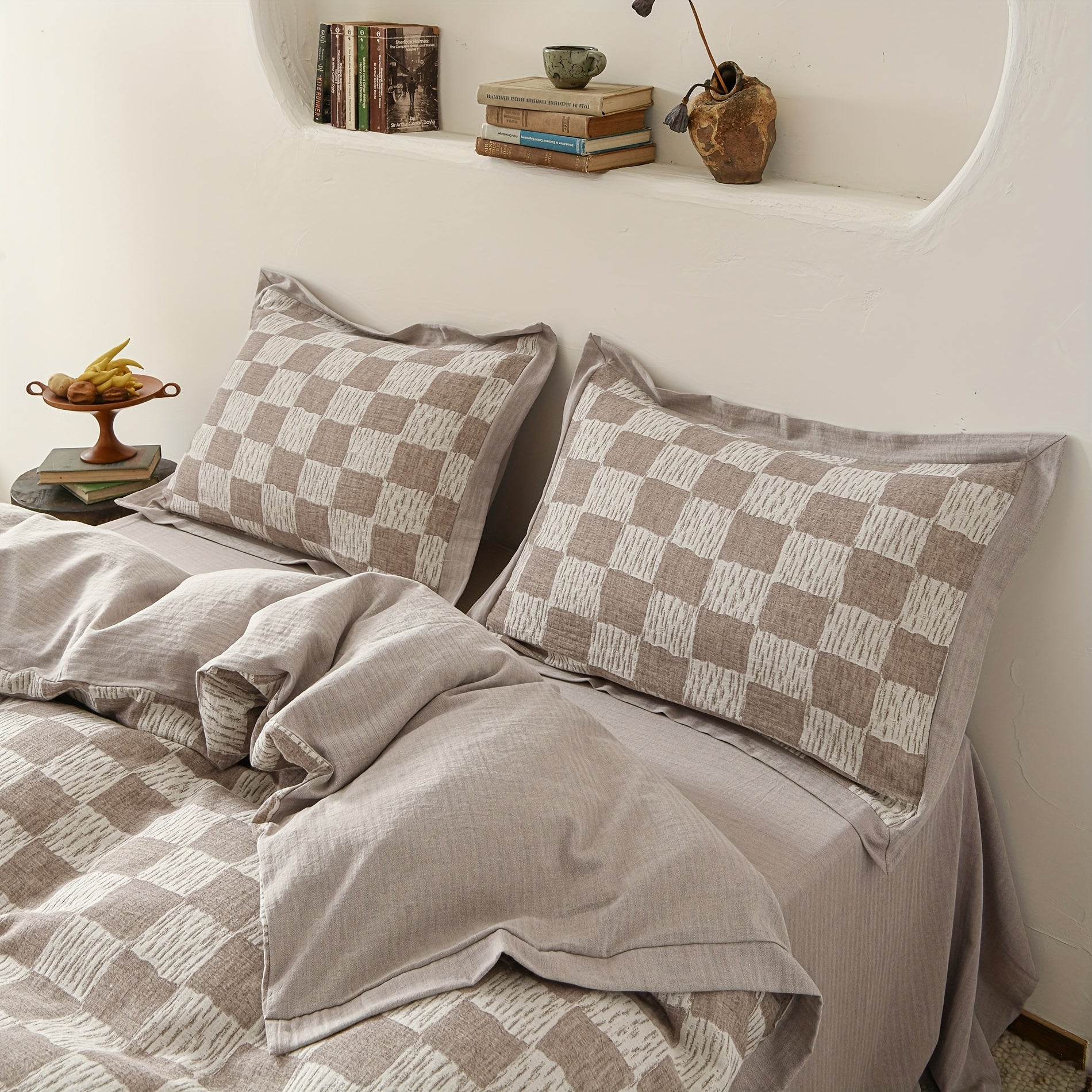 Plaid Jacquard Duvet Cover Cotton Linen Abstract Checkered Duvet Cover Double Yarn 3pcs Set 1 Farmhouse Textured Duvet Cover With Zipper Ties 2 Pillow Shams Rustic Decorative Hemmed Bedding Set Soft