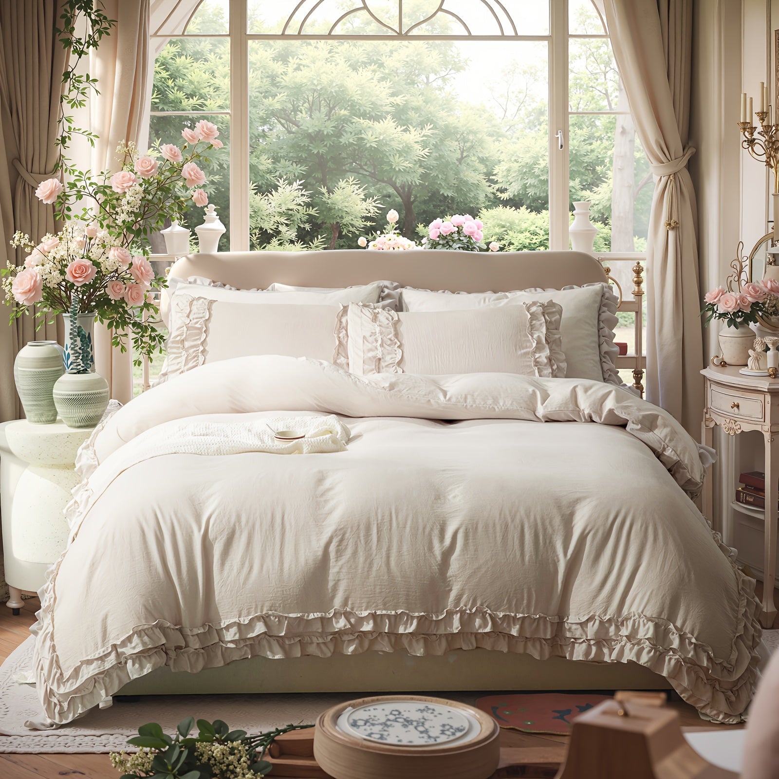 Ruffle Fringe Duvet Cover Queen Aesthetic Bedding Set Lace Ruffled Bedroom Decor Shabby Chic Comforter Cover Super Soft Breathable Cozy All Season Bedding Sets