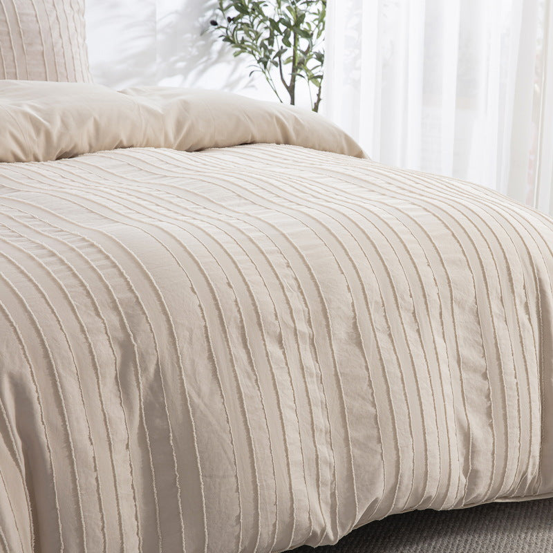 HERTALK 3pcs Bed Cover Set for Queen\u002FKing (1 Cover + 2 Pillowcases) - Beige Vertical-Textured Bedding Perfect for Minimalist Bedroom Enthusiasts, Easy to Maintain & Fade-Resistant Fabrics Suitable for Adults