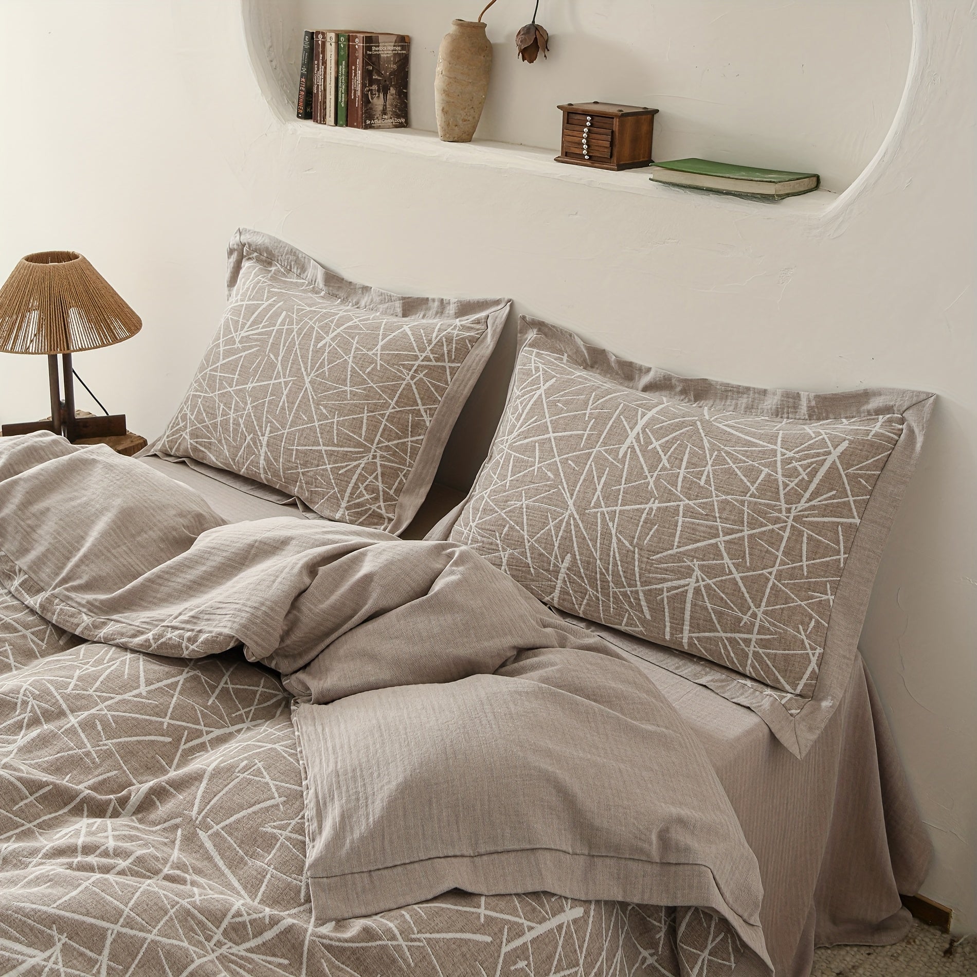 Stripe Jacquard Duvet Cover Cotton Linen Abstract Striped Duvet Cover Double Yarn 3pcs Set 1 Farmhouse Textured Duvet Cover with Zipper Ties 2 Pillow Shams Rustic Decorative Hemmed Bedding Set Soft