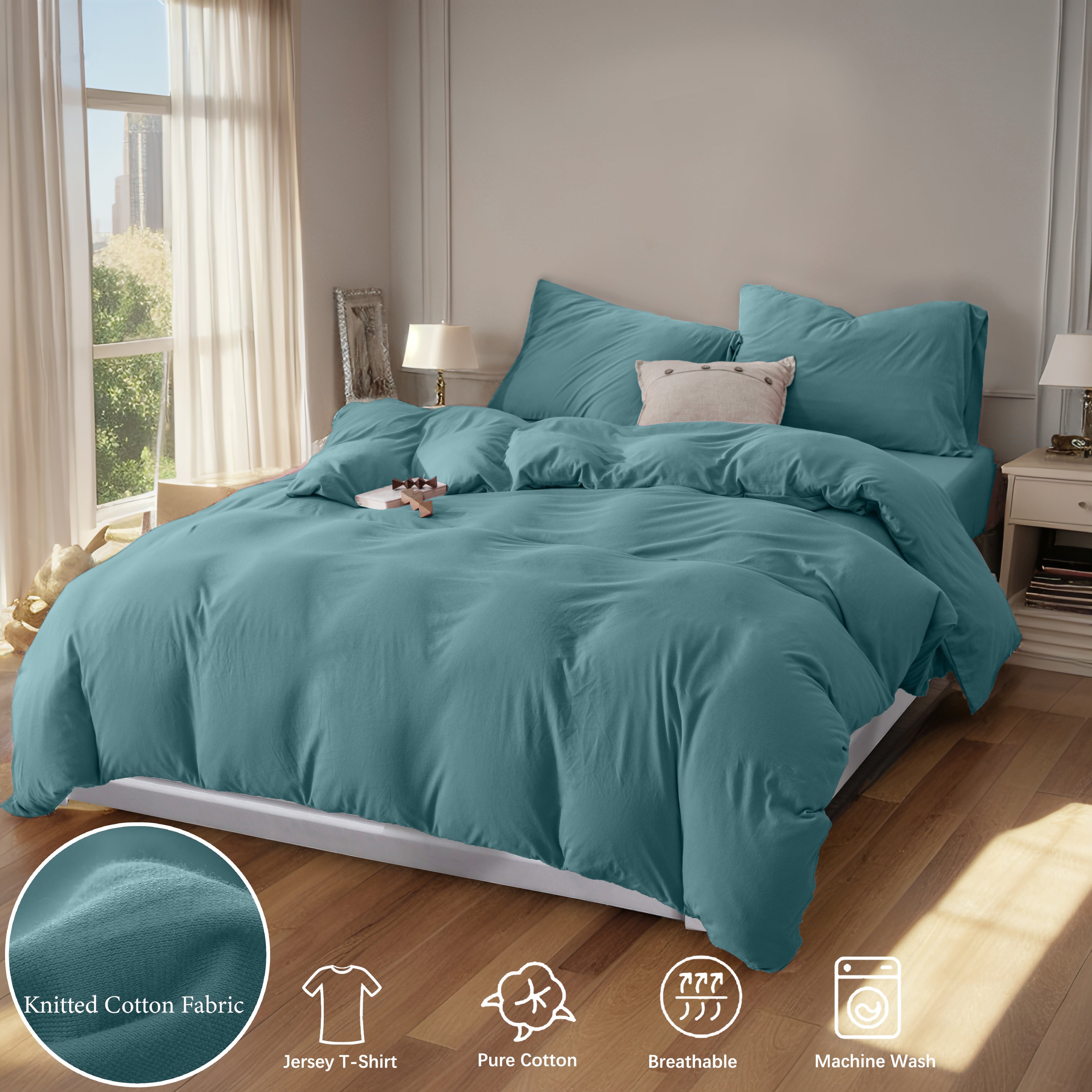 3-Piece Jersey Knit Duvet Cover Set ( 1*Duvet Cover + 1\u002F2*Pillowcases, Without Core) - 100% T-Shirt Cotton, Ultra-Soft,Luxury Zipper Duvet Cover Set, Machine Washable, Breathable, For Bedroom, Guest Room (T\u002FF\u002FQ\u002FK\u002FCK)