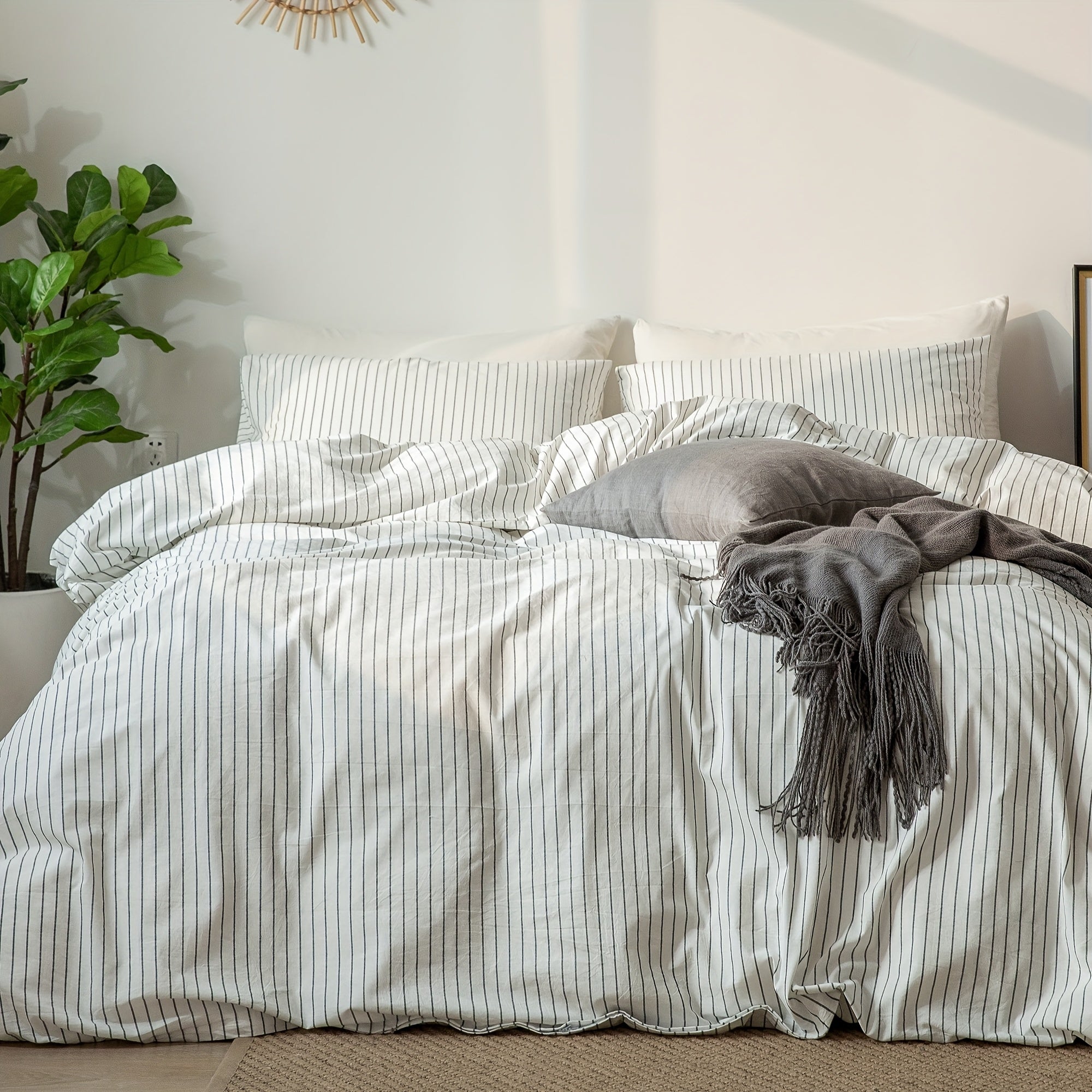 MooMee Striped Duvet Cover Set 100% Washed Cotton Like Textured Breathable Durable Soft Comfy