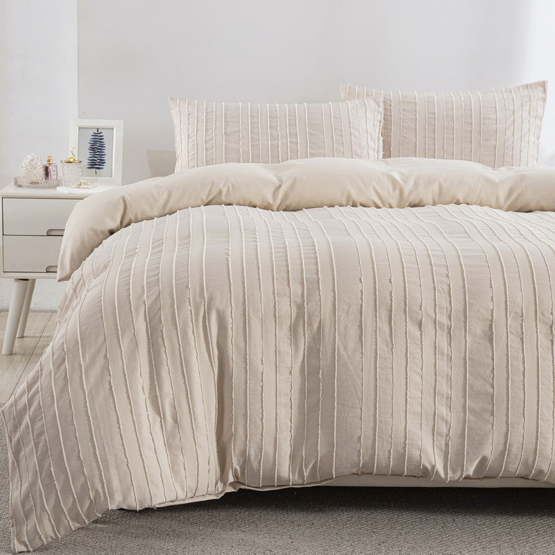 HERTALK 3pcs Bed Cover Set for Queen\u002FKing (1 Cover + 2 Pillowcases) - Beige Vertical-Textured Bedding Perfect for Minimalist Bedroom Enthusiasts, Easy to Maintain & Fade-Resistant Fabrics Suitable for Adults