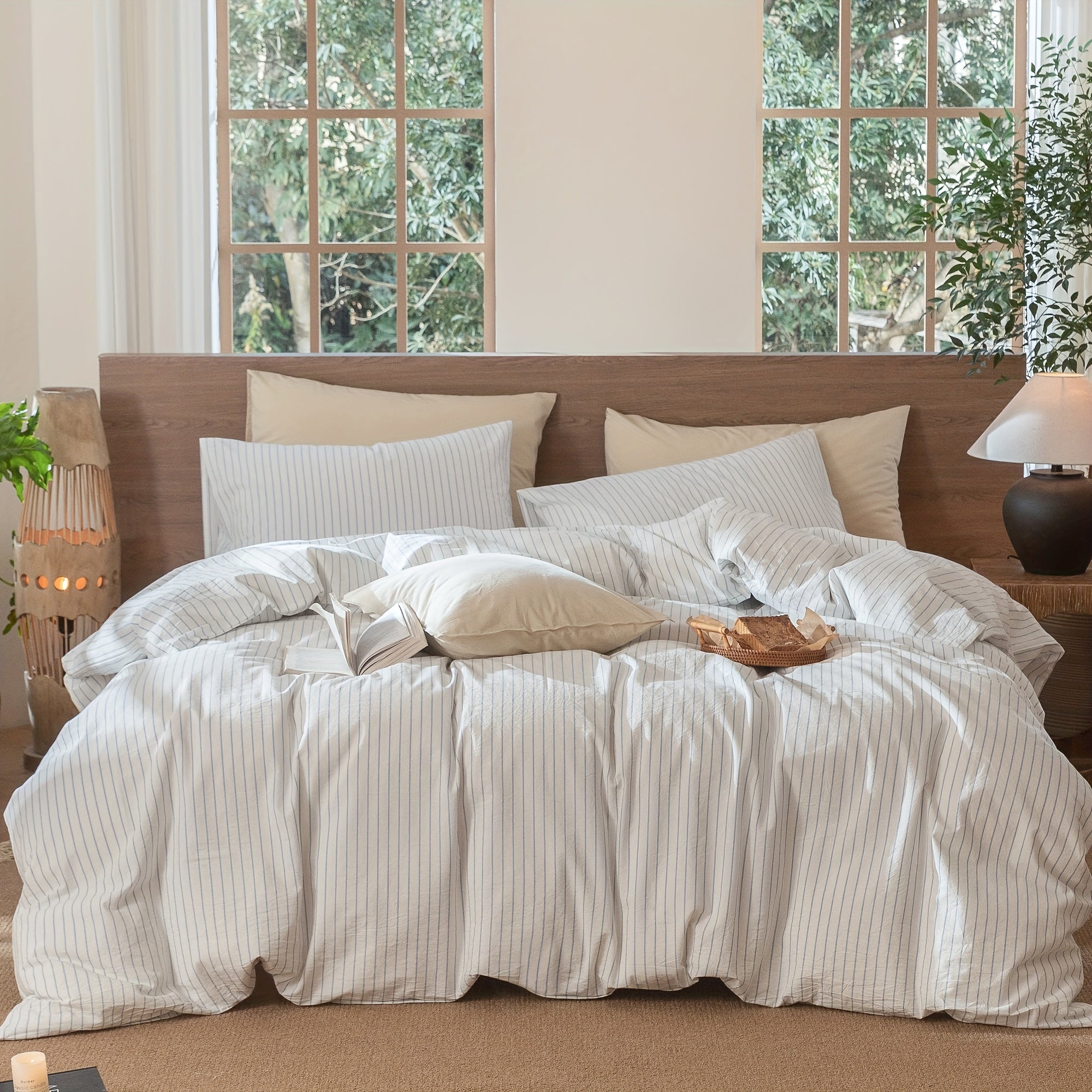 MooMee Striped Duvet Cover Set 100% Washed Cotton Like Textured Breathable Durable Soft Comfy