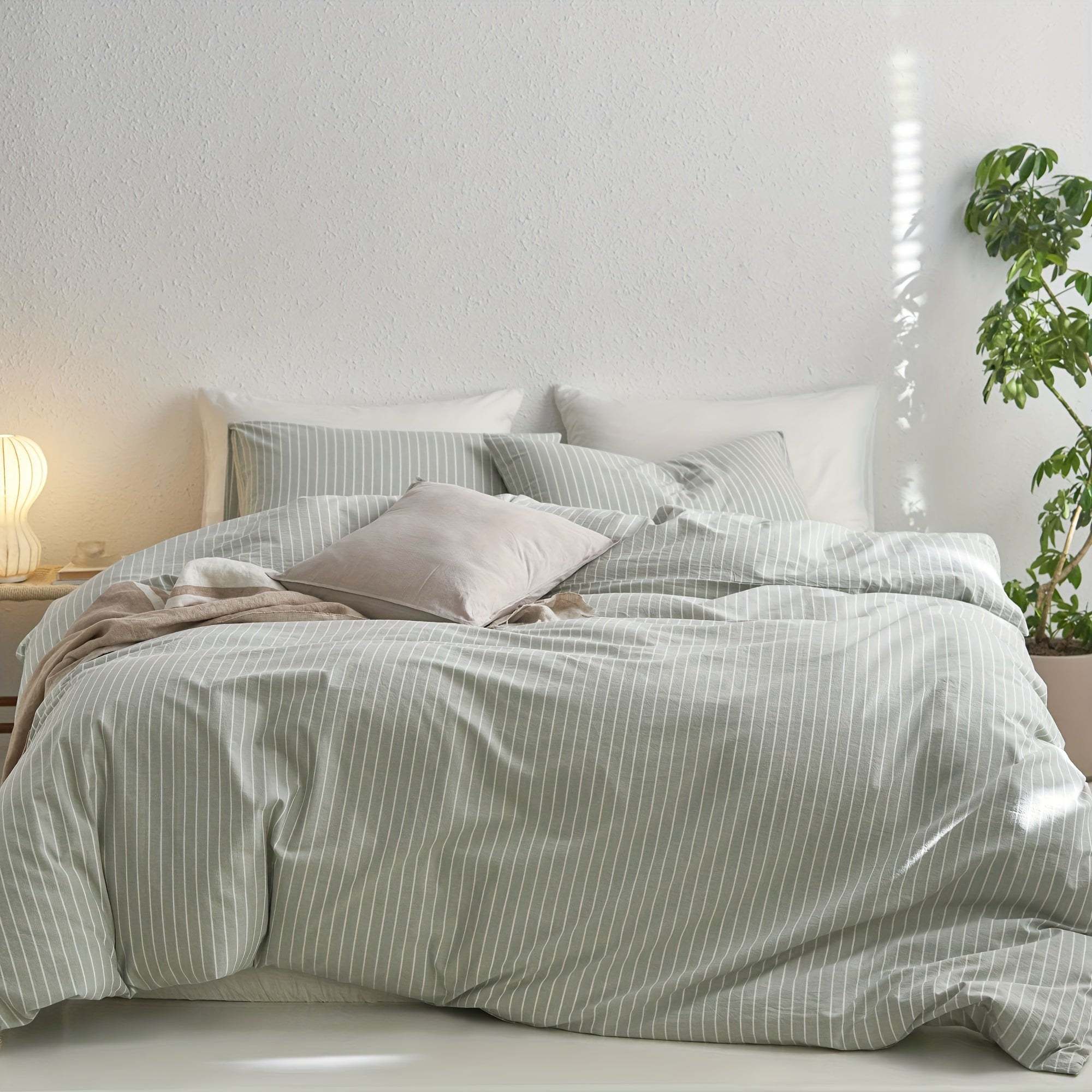 MooMee Striped Duvet Cover Set 100% Washed Cotton Like Textured Breathable Durable Soft Comfy