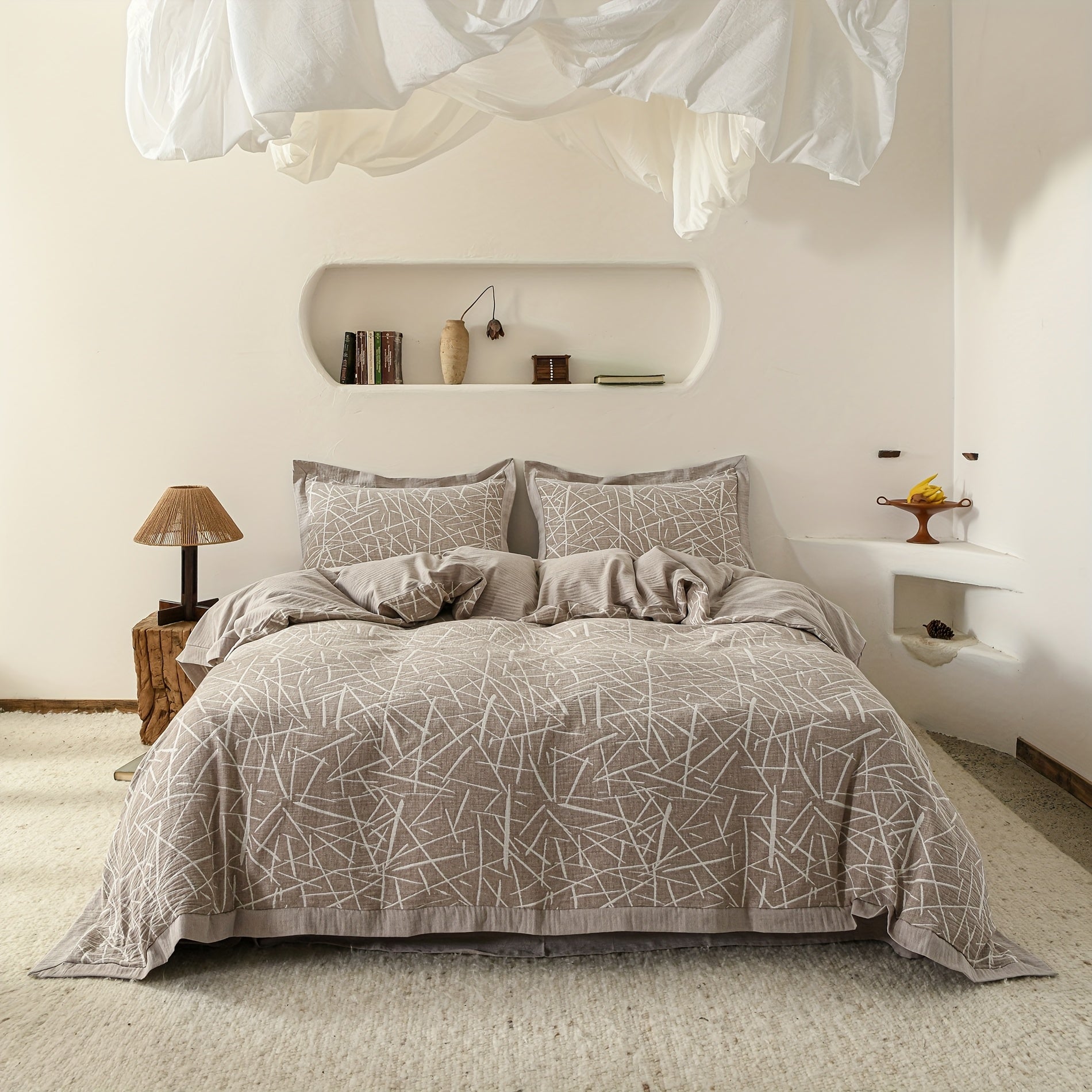 Stripe Jacquard Duvet Cover Cotton Linen Abstract Striped Duvet Cover Double Yarn 3pcs Set 1 Farmhouse Textured Duvet Cover with Zipper Ties 2 Pillow Shams Rustic Decorative Hemmed Bedding Set Soft