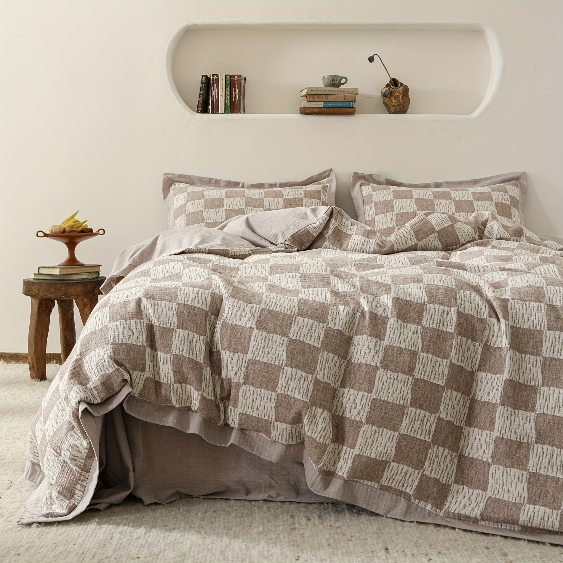 Plaid Jacquard Duvet Cover Cotton Linen Abstract Checkered Duvet Cover Double Yarn 3pcs Set 1 Farmhouse Textured Duvet Cover With Zipper Ties 2 Pillow Shams Rustic Decorative Hemmed Bedding Set Soft