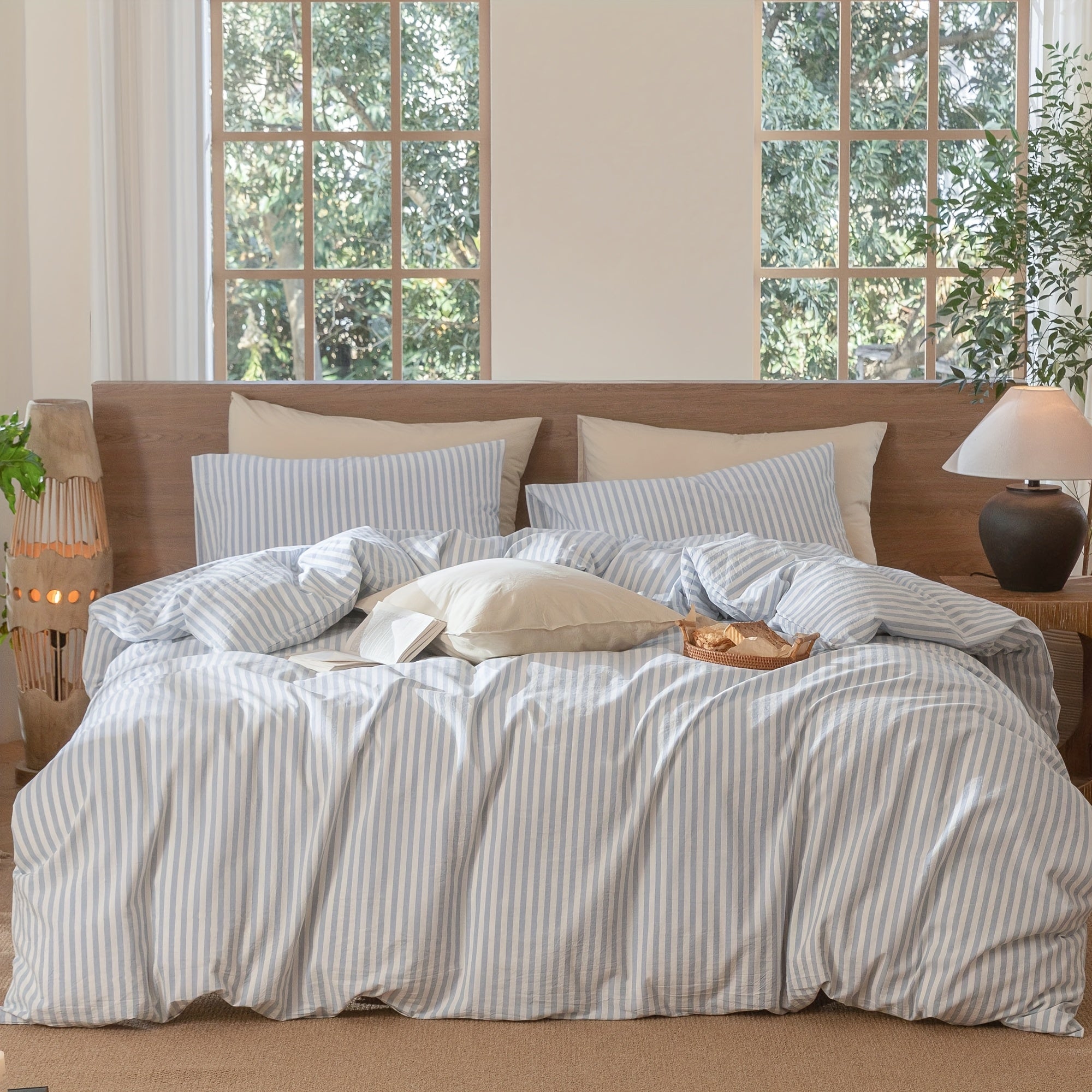 MooMee Striped Duvet Cover Set 100% Washed Cotton Like Textured Breathable Durable Soft Comfy