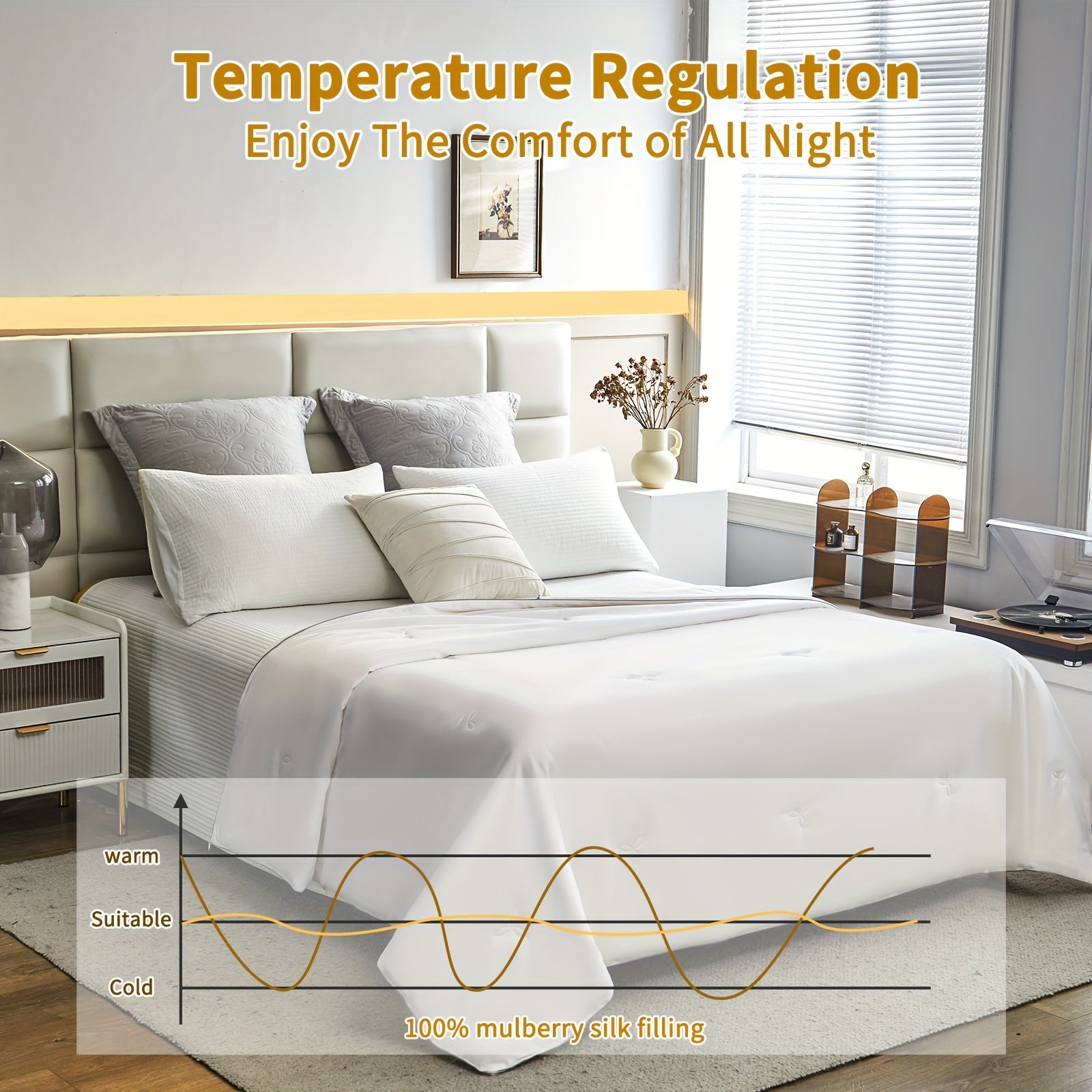 Pure Mulberry Silk Comforter for All Season, Luxury Bedding, Noiseless Egyptian Cotton Shell, Long Strand Silk Fill Duvet(White)