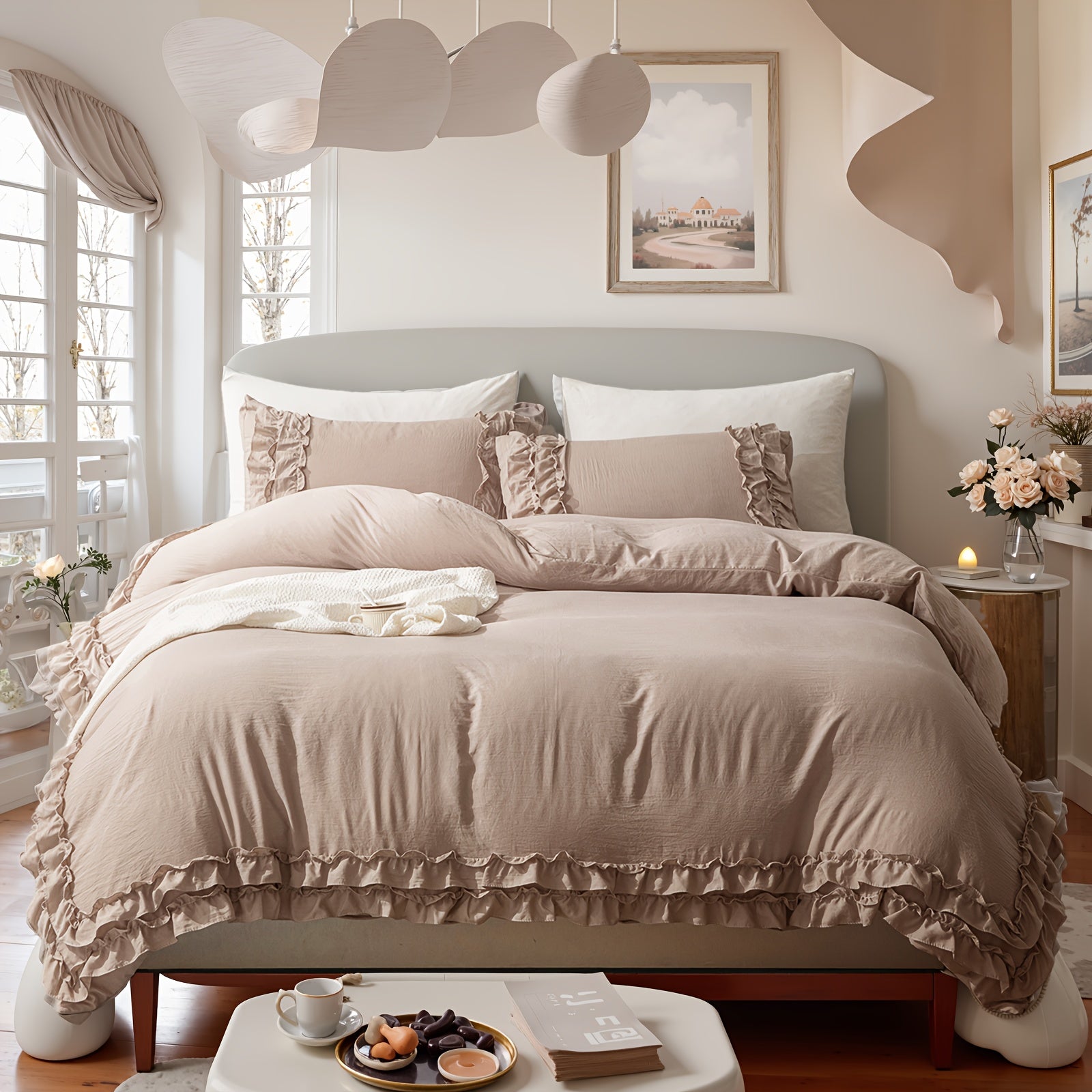 Ruffle Fringe Duvet Cover Queen Aesthetic Bedding Set Lace Ruffled Bedroom Decor Shabby Chic Comforter Cover Super Soft Breathable Cozy All Season Bedding Sets