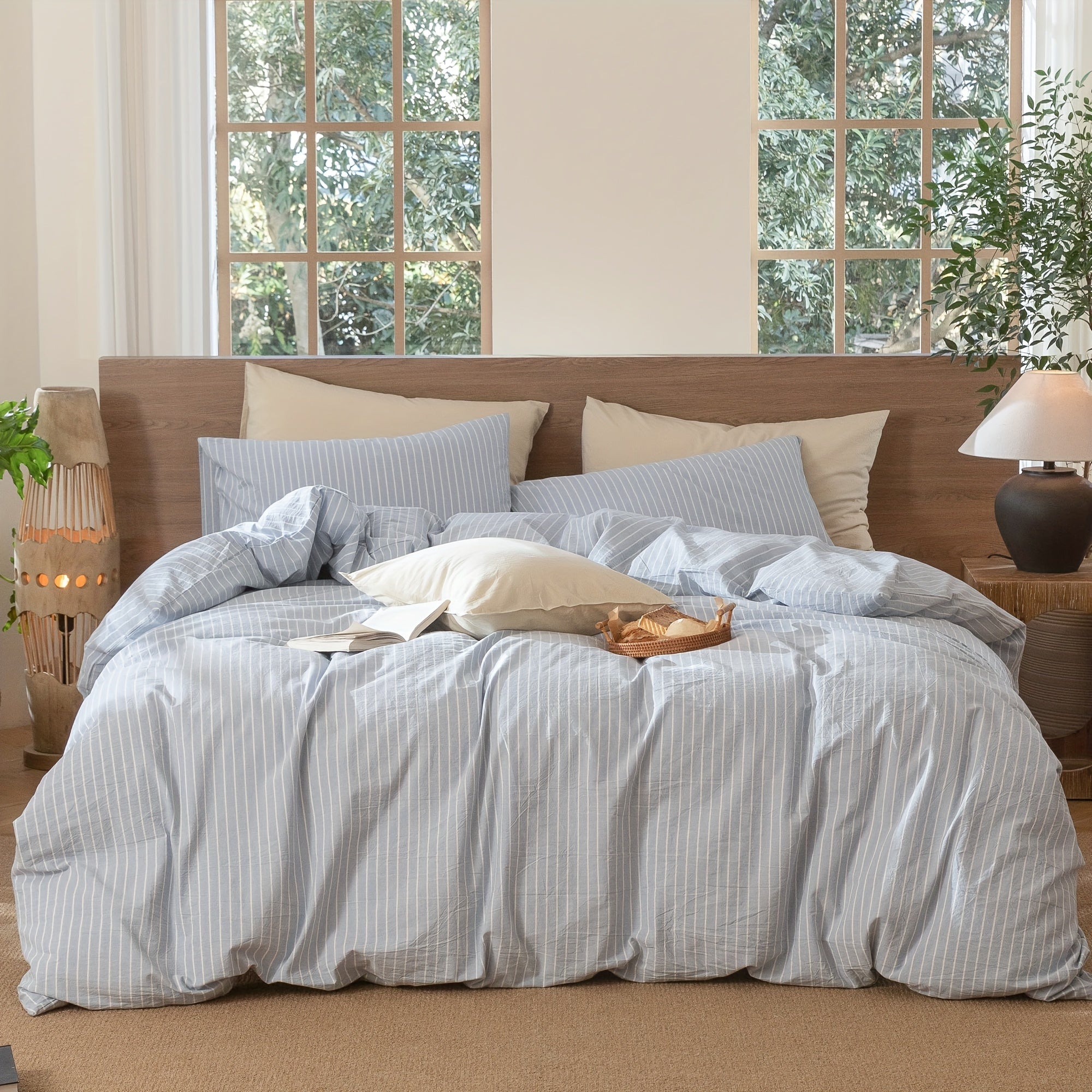 MooMee Striped Duvet Cover Set 100% Washed Cotton Like Textured Breathable Durable Soft Comfy