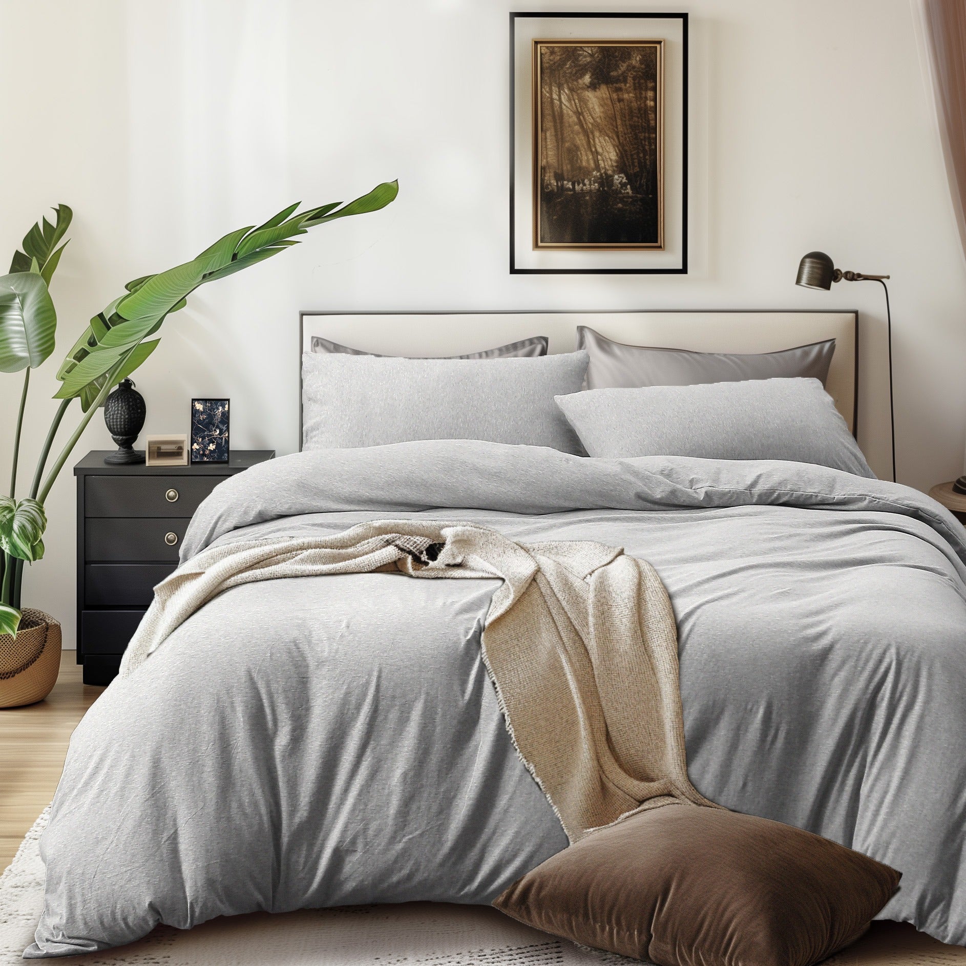 3-Piece Jersey Knit Duvet Cover Set ( 1*Duvet Cover + 1\u002F2*Pillowcases, Without Core) - 100% T-Shirt Cotton, Ultra-Soft,Luxury Zipper Duvet Cover Set, Machine Washable, Breathable, For Bedroom, Guest Room (T\u002FF\u002FQ\u002FK\u002FCK)